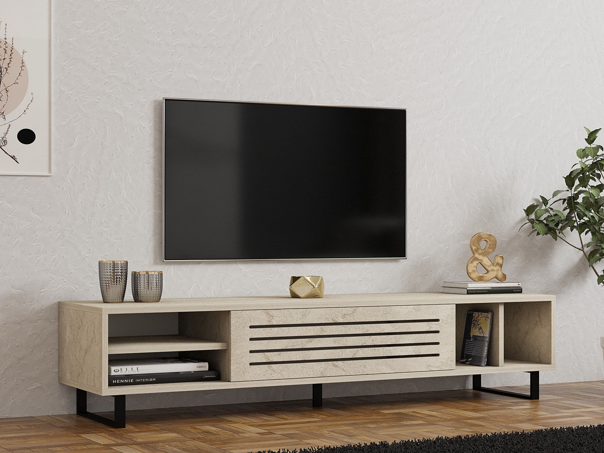Comoda tv, Hanah Home, pal melaminat, travertin, 160x40x35 cm — imaginea 2