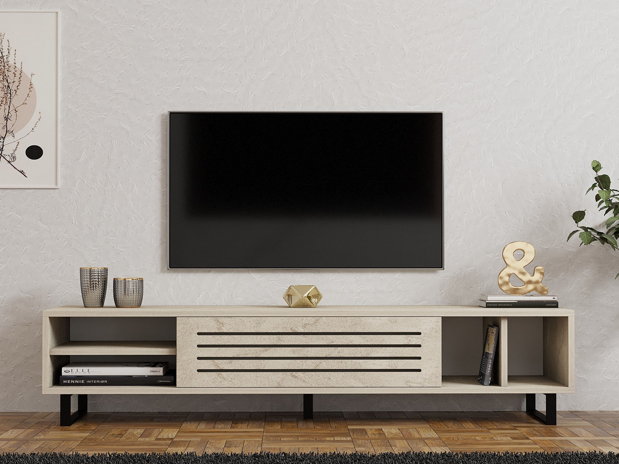 Comoda tv, Hanah Home, pal melaminat, travertin, 160x40x35 cm — imaginea 3