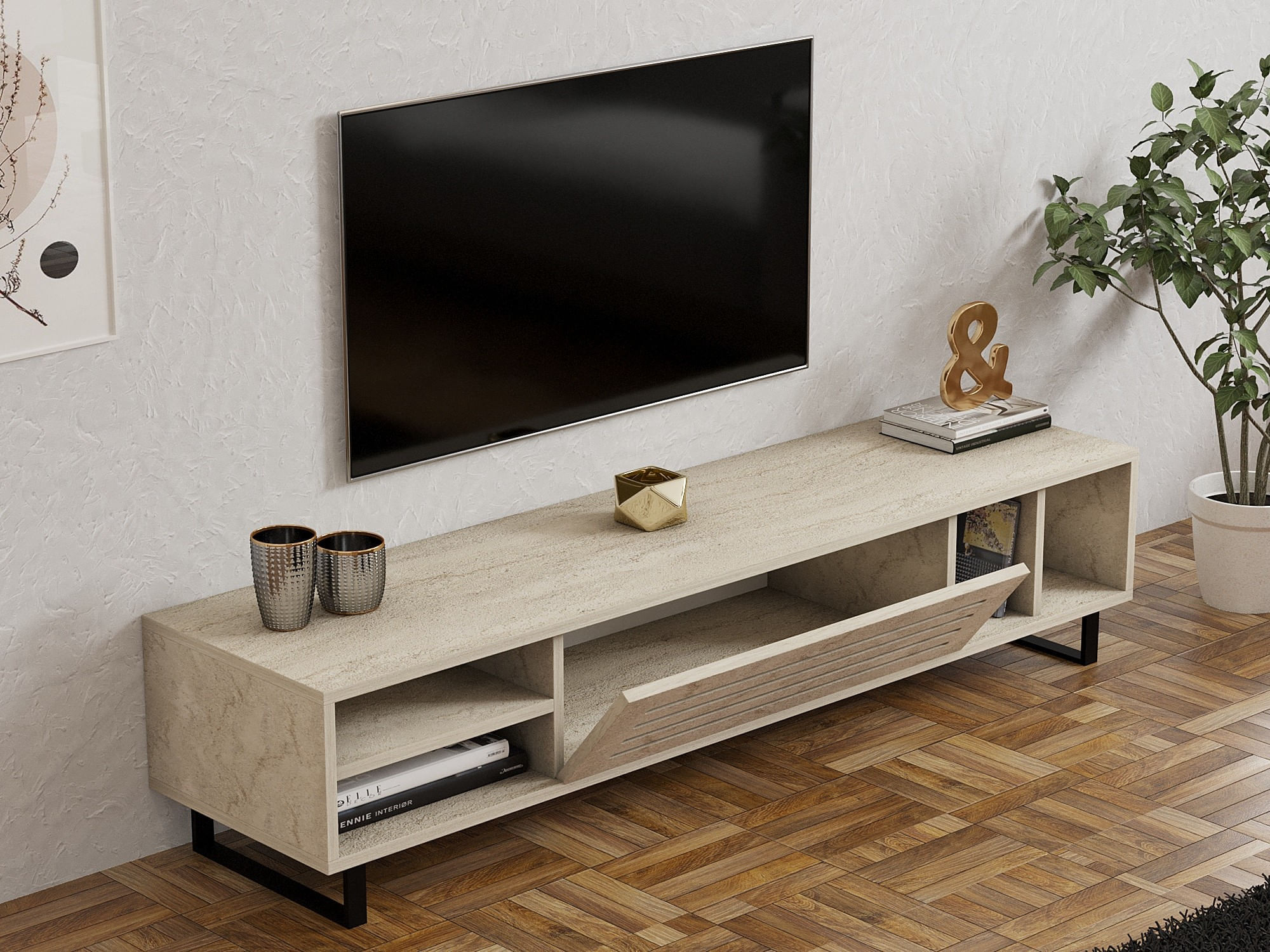 Comoda tv, Hanah Home, pal melaminat, travertin, 160x40x35 cm — imaginea 4