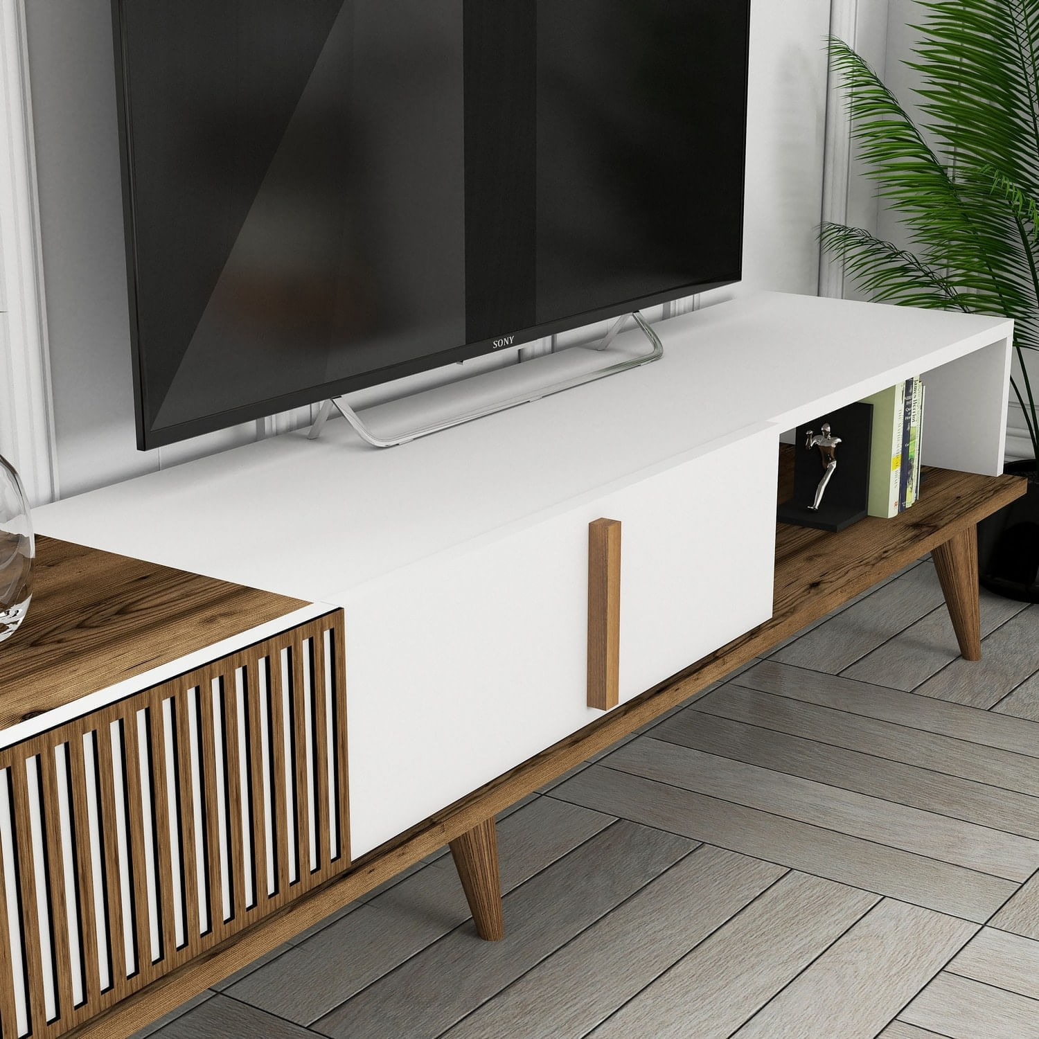 Comoda tv, Hanah Home, pal melaminat, nuc si alb, 180x40x35 cm, 845HCT3109 — imaginea 3
