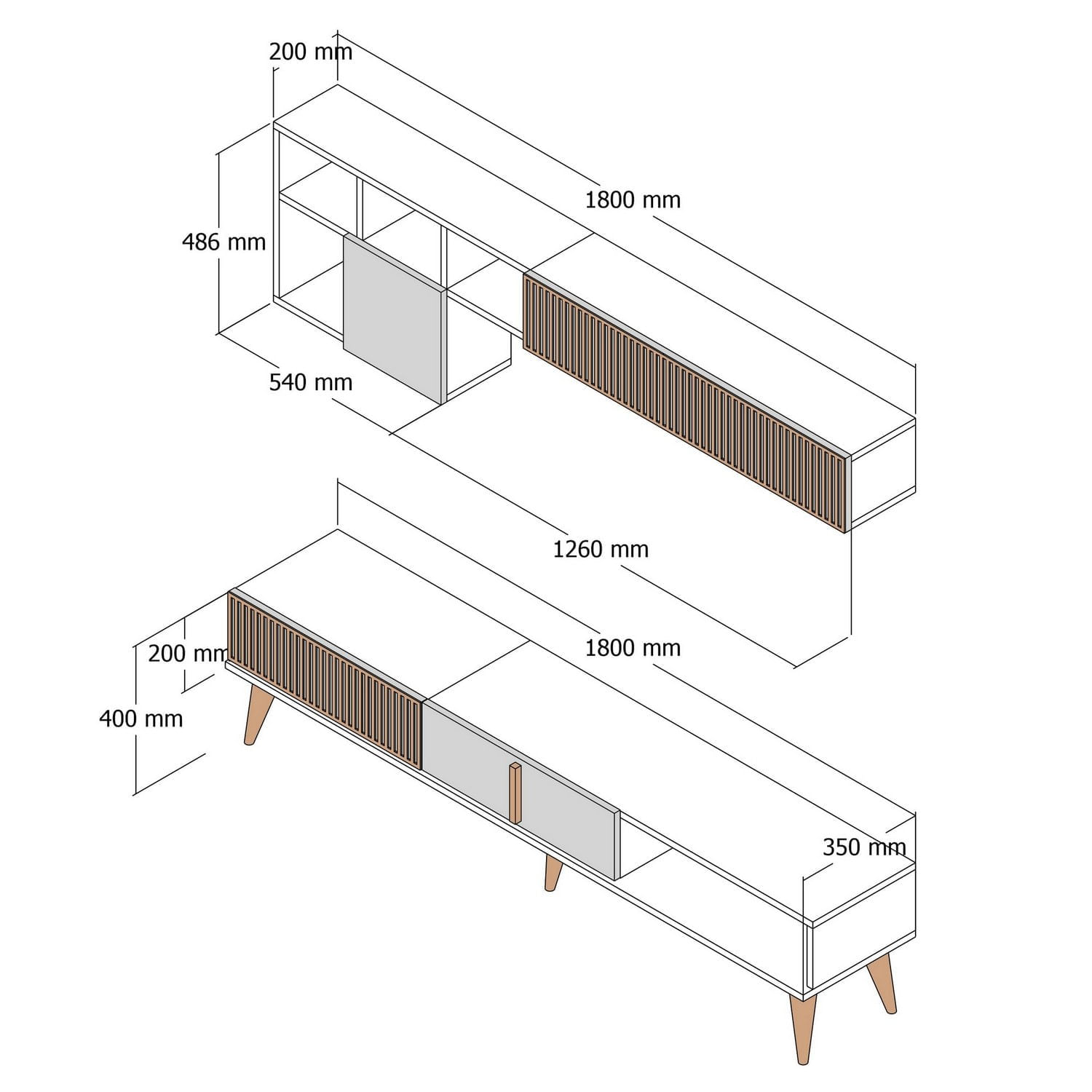 Comoda tv, Hanah Home, pal melaminat, nuc si alb, 180x40x35 cm, 845HCT3109 — imaginea 5
