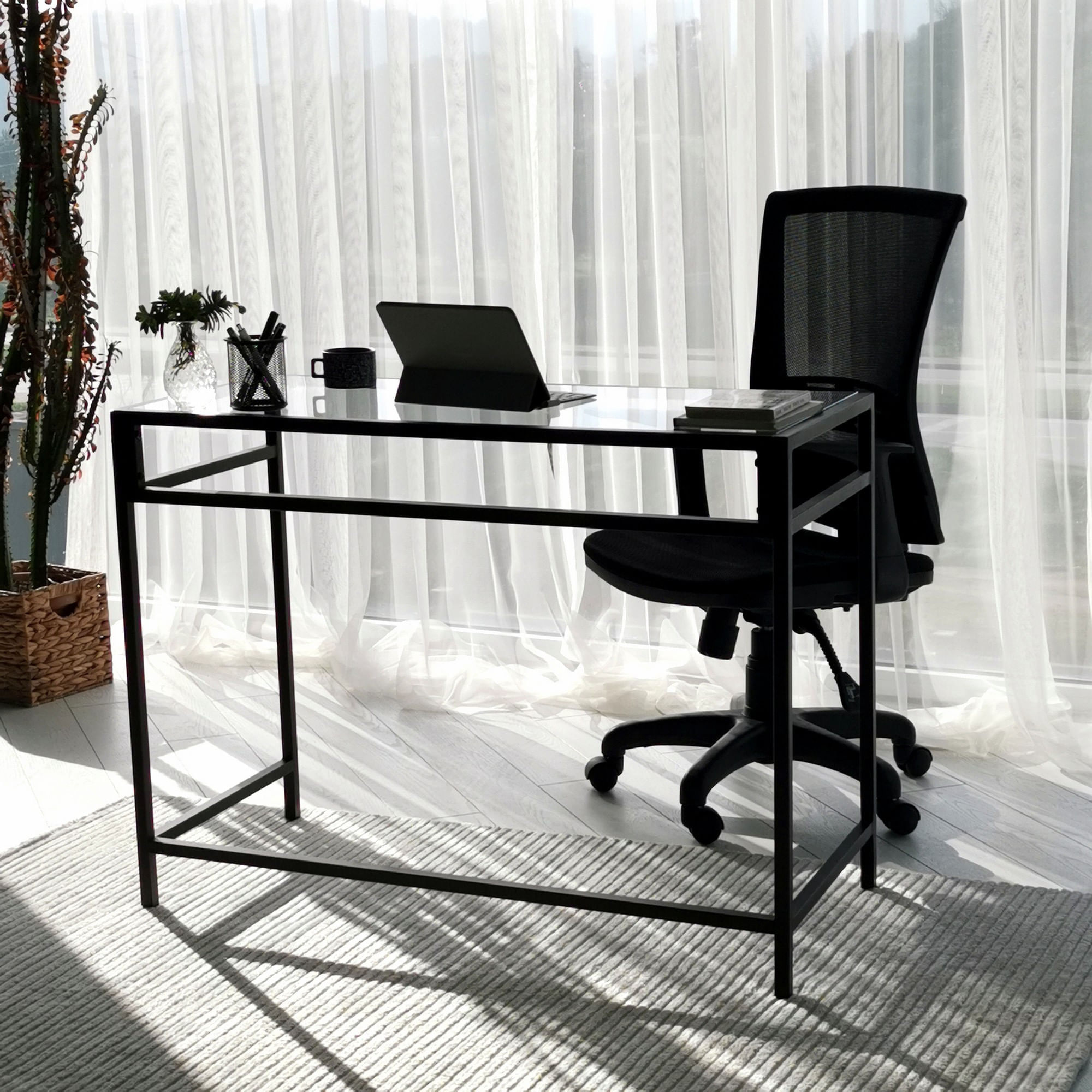 Birou de studiu, Hanah Home, sticla calita si metal, negru, 100x45x75 cm
