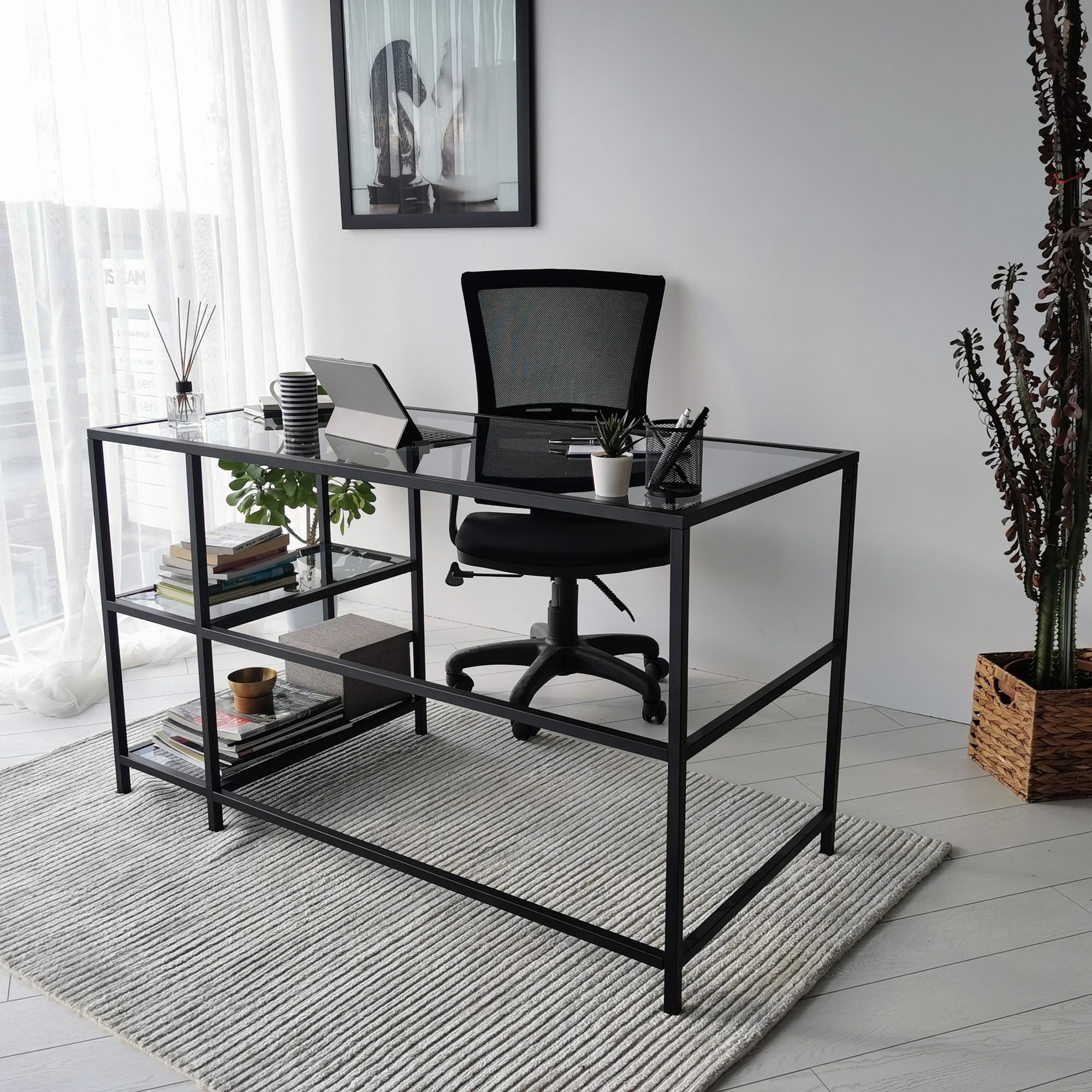 Birou, Hanah Home, sticla securizata si metal, negru fume, 130x60x75 cm — imaginea 2