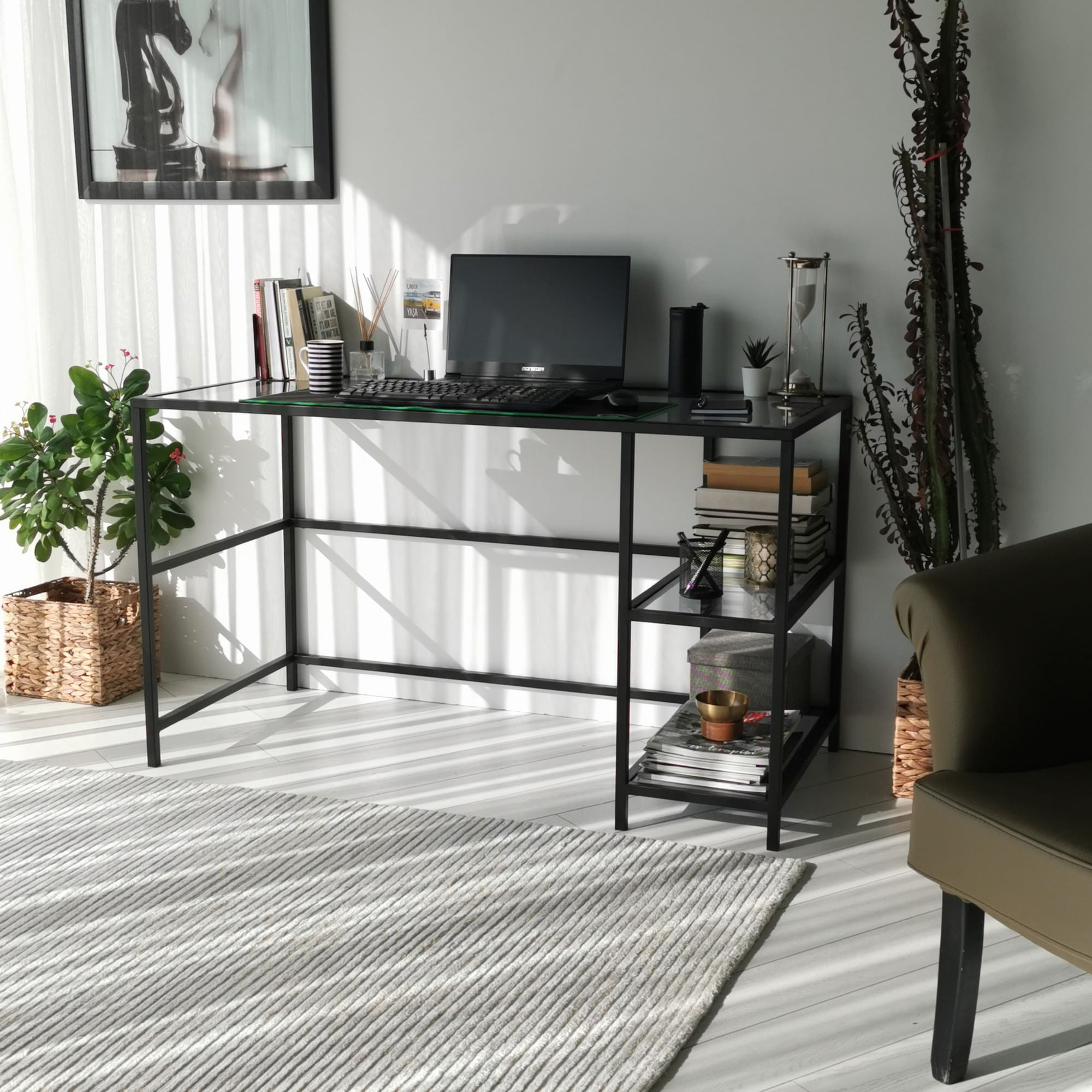 Birou, Hanah Home, sticla securizata si metal, negru fume, 130x60x75 cm — imaginea 4