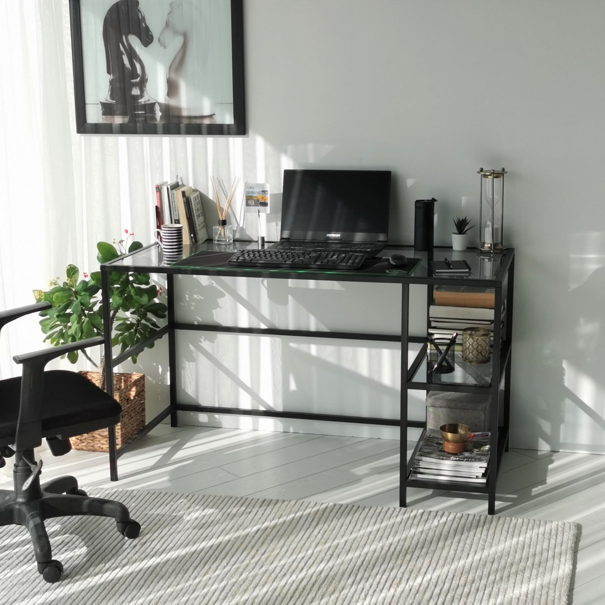 Birou, Hanah Home, sticla securizata si metal, negru fume, 130x60x75 cm — imaginea 5