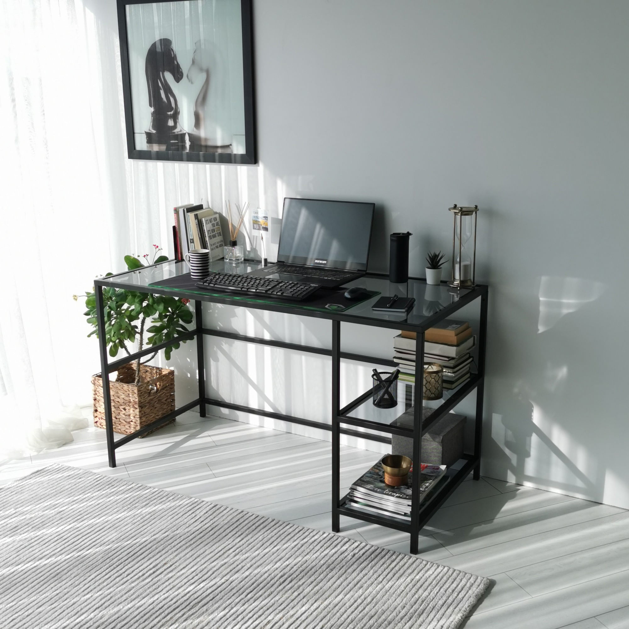 Birou, Hanah Home, sticla securizata si metal, negru fume, 130x60x75 cm — imaginea 6