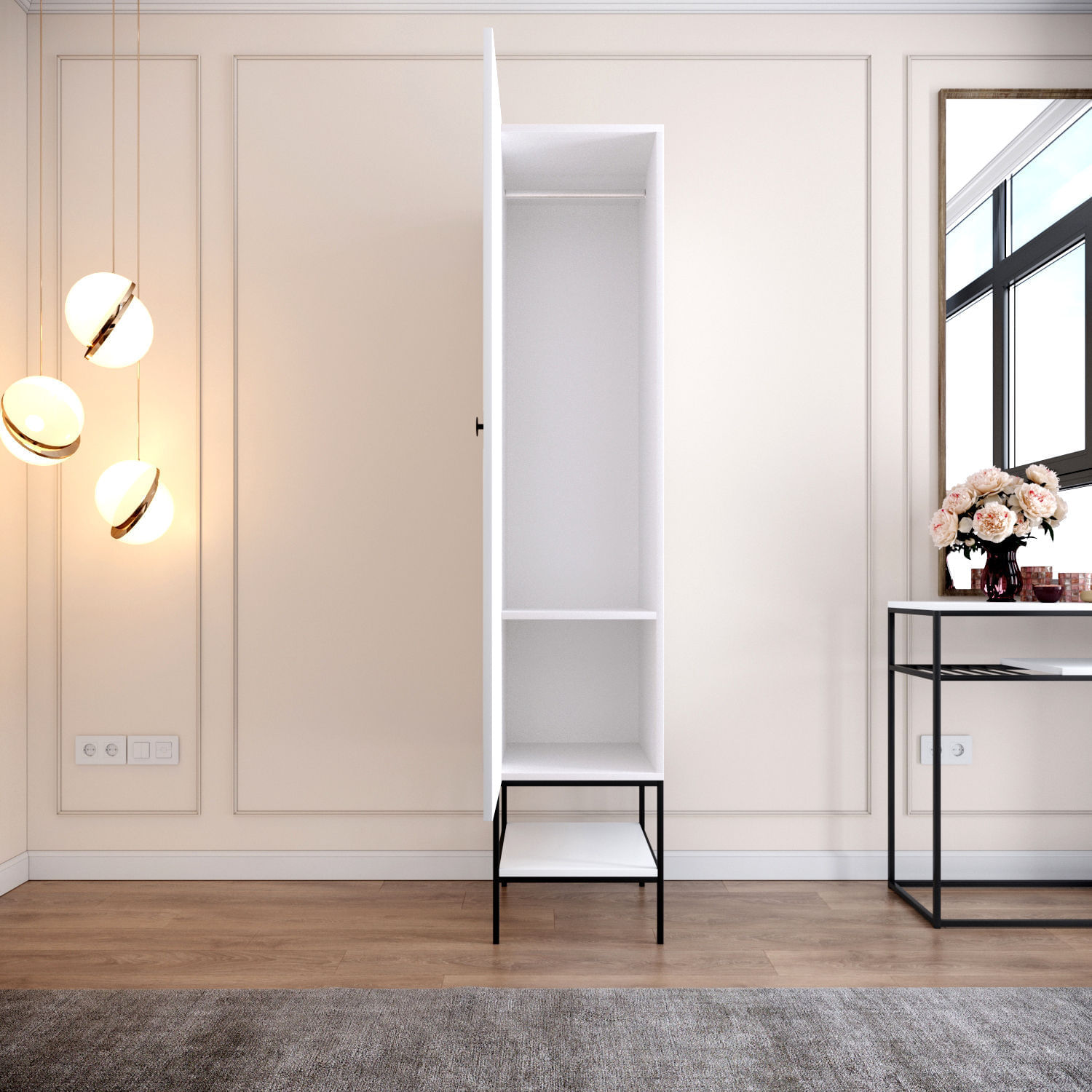 Sifonier, Hanah Home, pal melaminat, alb negru auriu, 42x50x200 cm — imaginea 6