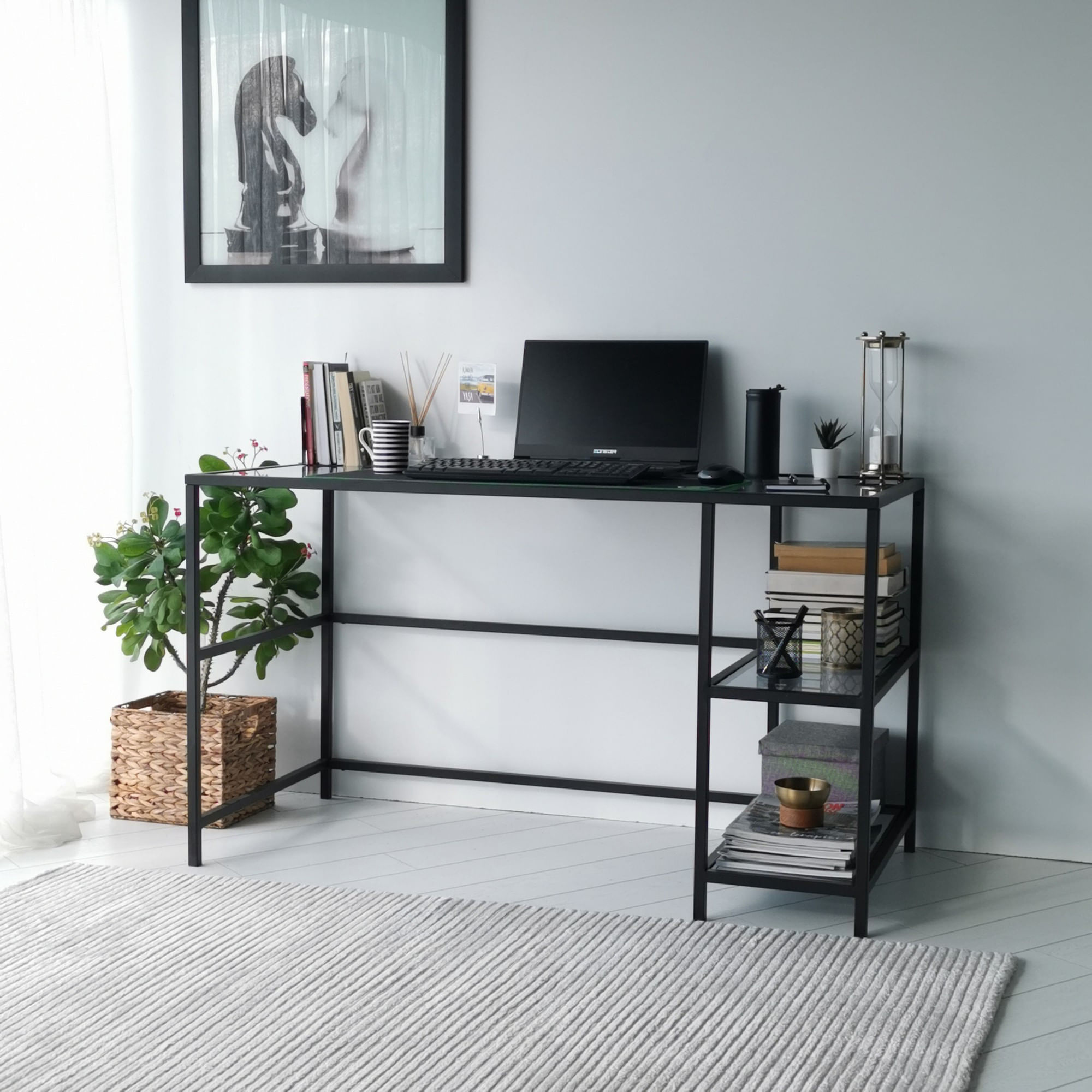 Birou, Hanah Home, sticla securizata si metal, negru fume, 130x60x75 cm — imaginea 7