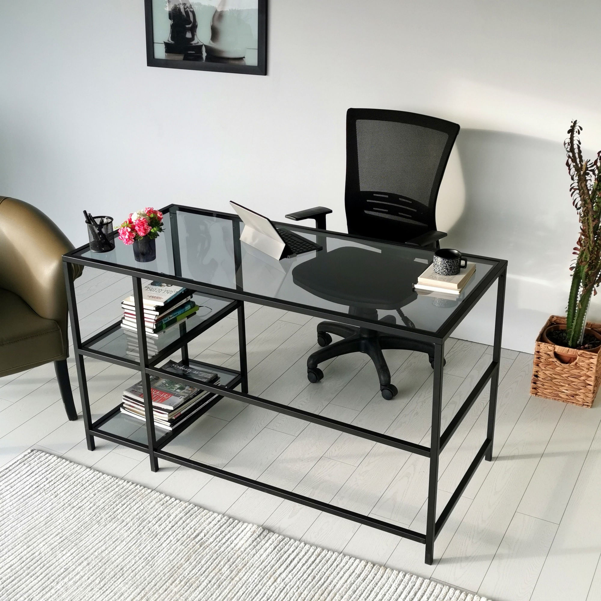 Birou, Hanah Home, sticla securizata si metal, negru fume, 130x60x75 cm — imaginea 8