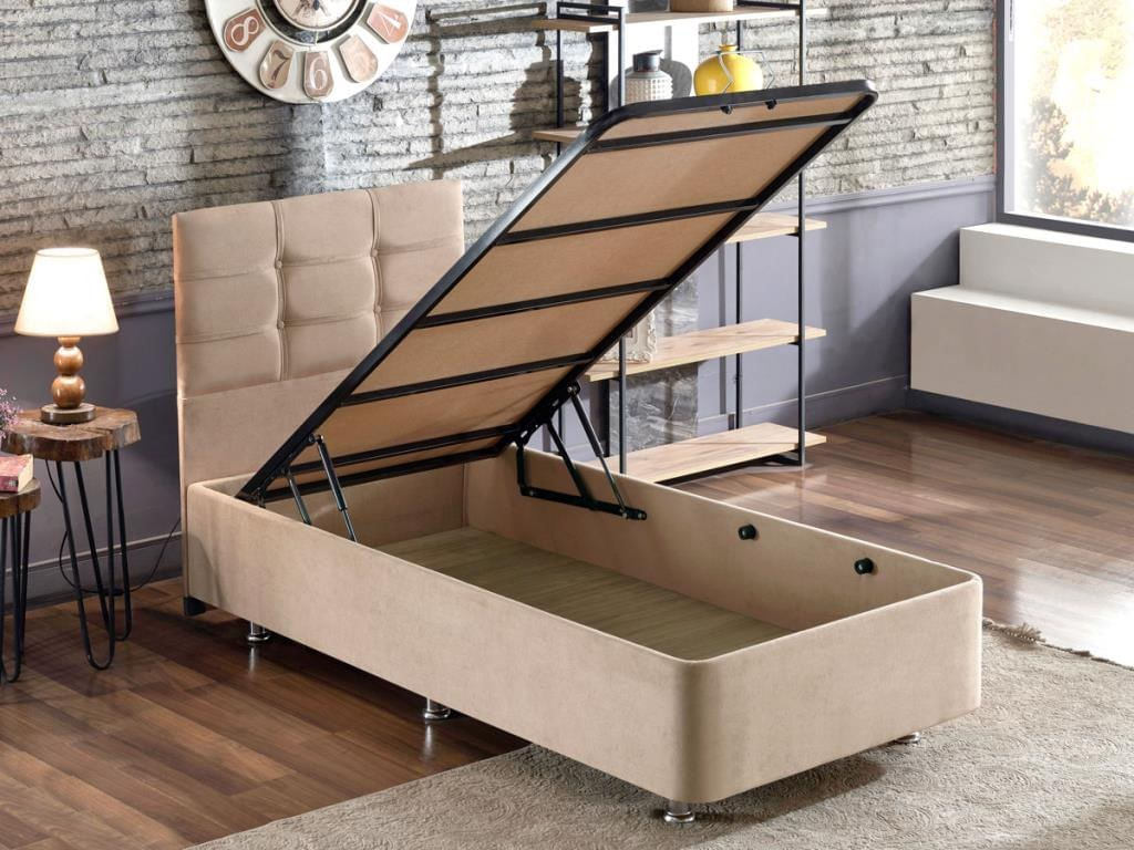 Somiera cu tablie, Hanah Home, otel, stofa soho, maro deschis, 90x190 cm — imaginea 3