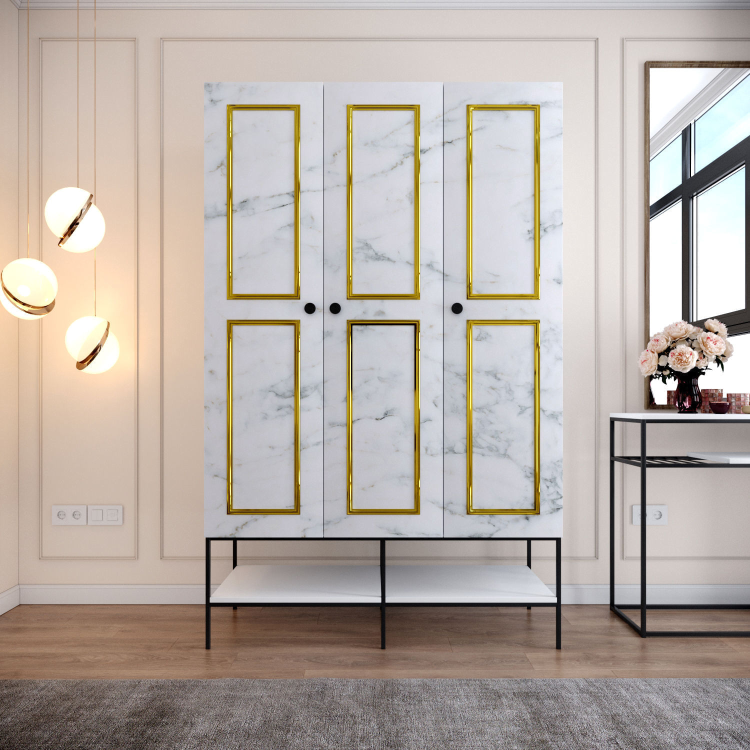 Dulap, Hanah Home, pal melaminat, alb negru auriu, 126x50x200 cm — imaginea 2