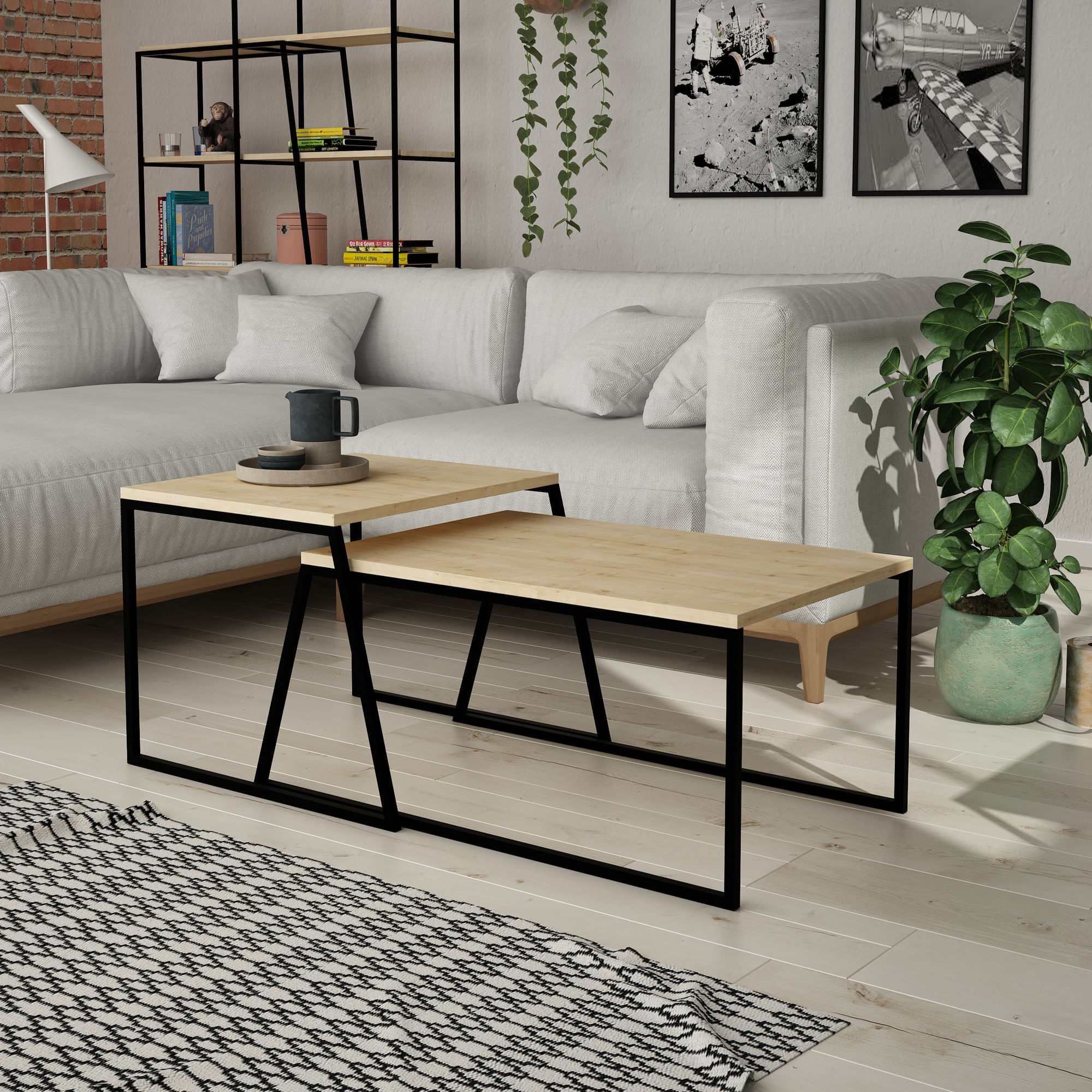 Set masute de cafea, Hanah Home, pal melaminat, stejar si negru, 88x38x50 cm, 57x45x55 cm — imaginea 2