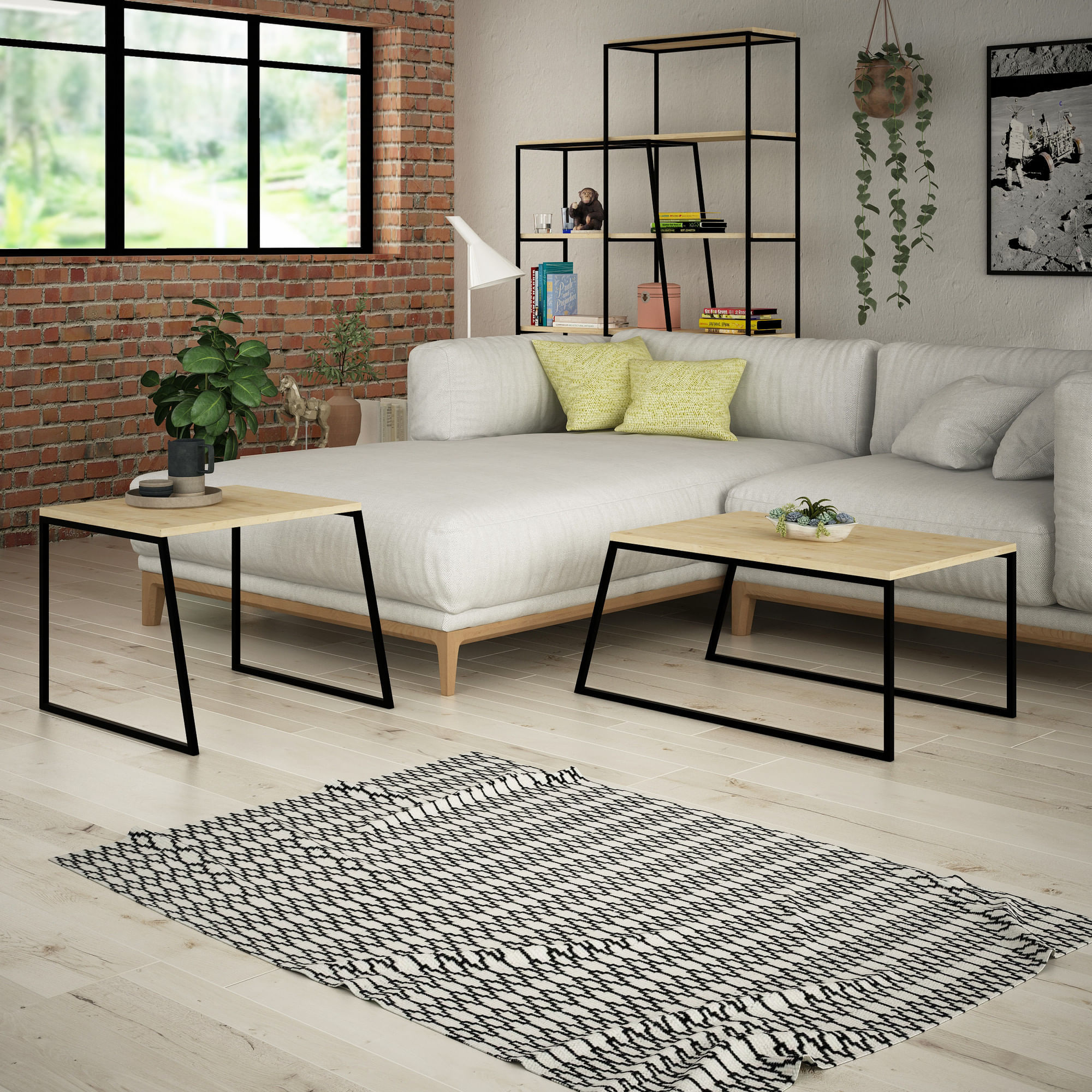 Set masute de cafea, Hanah Home, pal melaminat, stejar si negru, 88x38x50 cm, 57x45x55 cm — imaginea 3