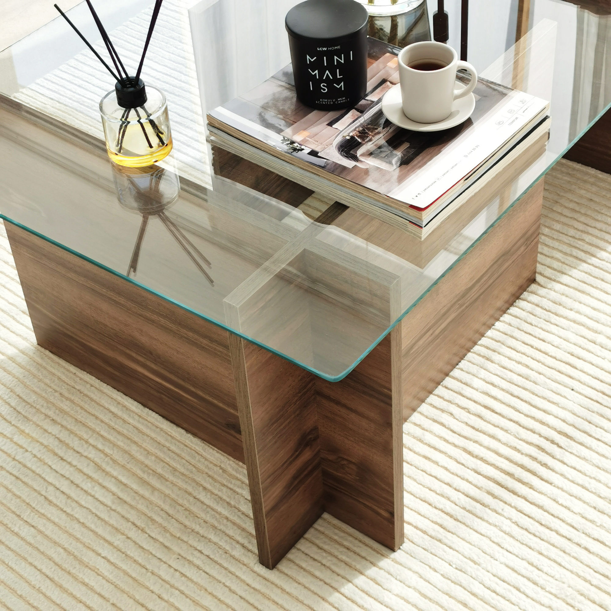 Masuta de cafea, Hanah Home, sticla calita si PAL melaminat, nuc, 105x65x40 cm, 552NOS2244 — imaginea 5