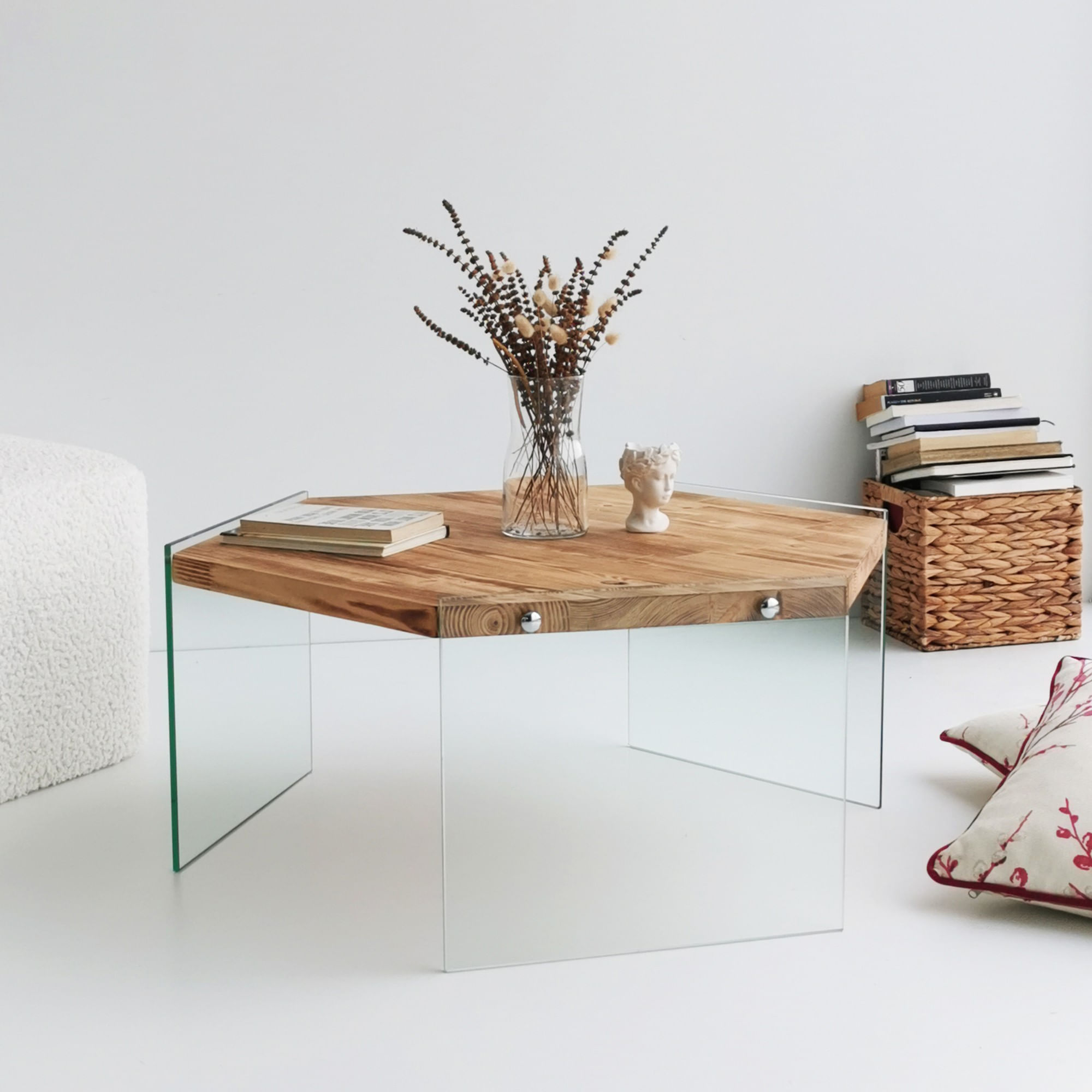 Masuta de cafea, Hanah Home, lemn masiv de pin, stejar, 80x70x35 cm — imaginea 6