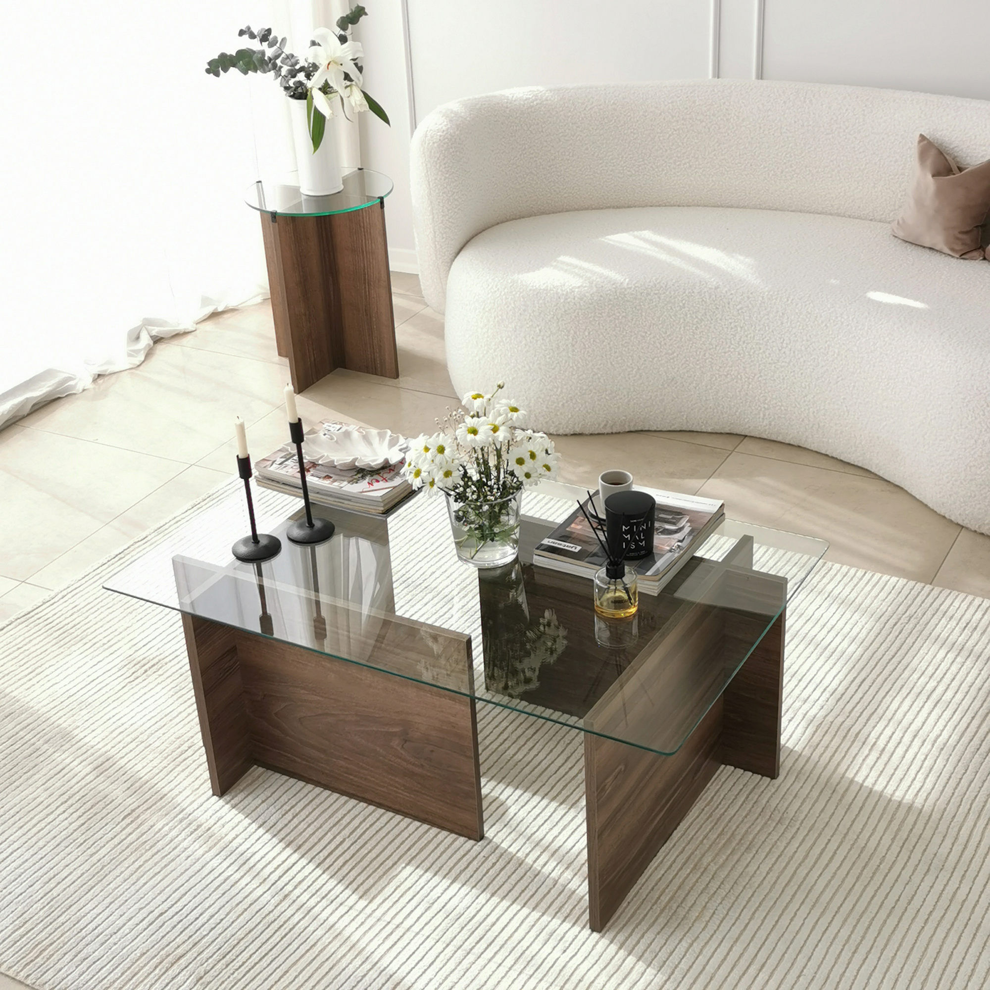 Masuta de cafea, Hanah Home, sticla calita si PAL melaminat, nuc, 105x65x40 cm, 552NOS2244 — imaginea 6
