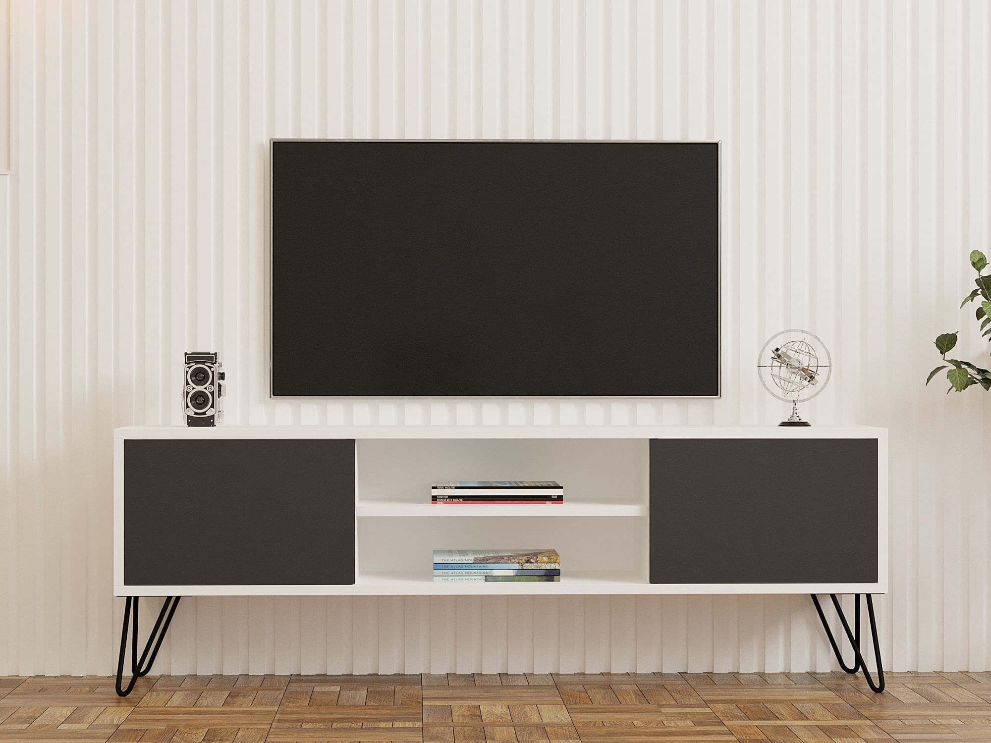 Comoda tv, Hanah Home, pal melaminat, alb si antracit, 140x50x30 cm — imaginea 2