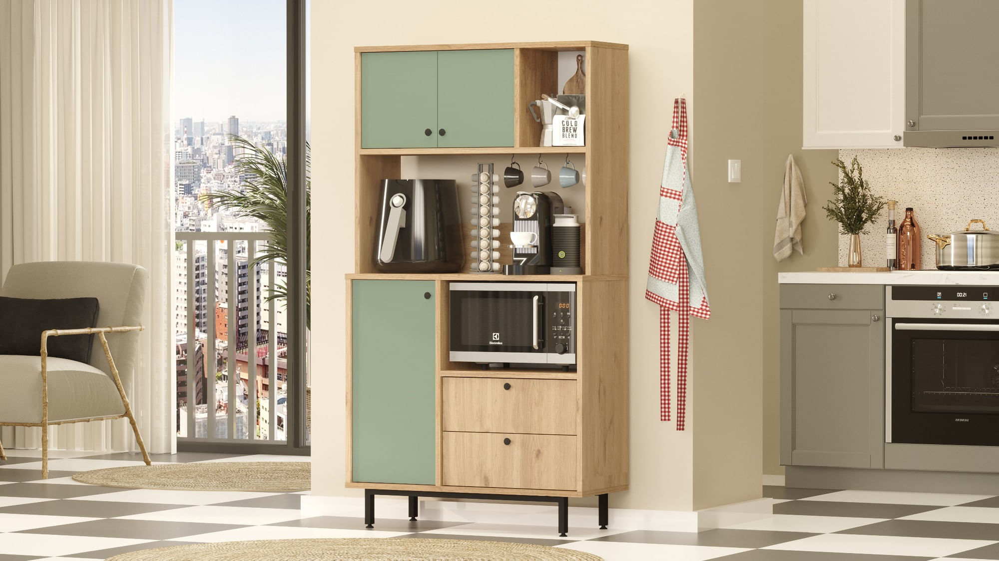 Dulap multifunctional, Hanah Home, pal melaminat, stejar si verde, 88x35.5x161.2 cm — imaginea 2