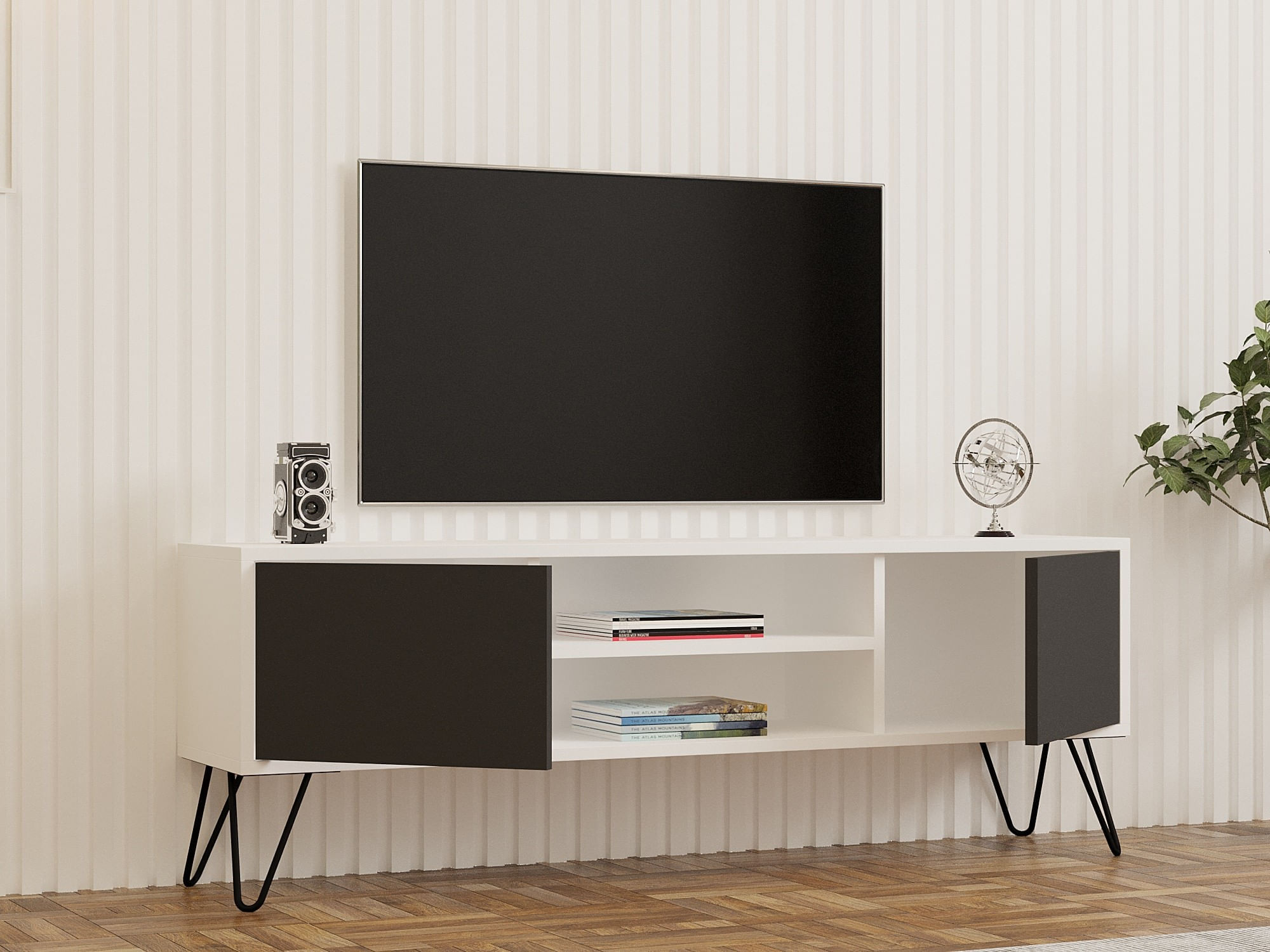 Comoda tv, Hanah Home, pal melaminat, alb si antracit, 140x50x30 cm — imaginea 3