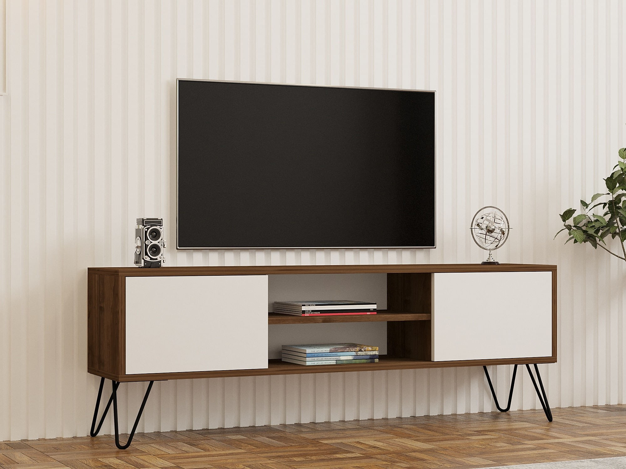 Comoda tv, Hanah Home, pal melaminat, nuc si alb, 140x50x30 cm — imaginea 2