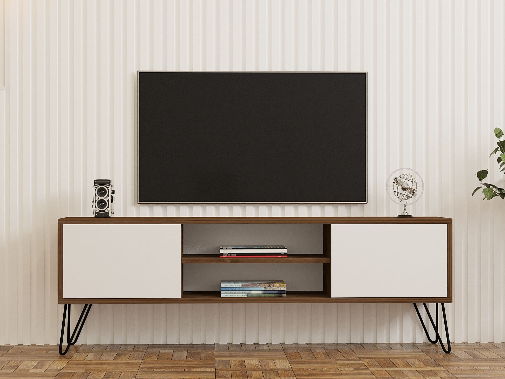 Comoda tv, Hanah Home, pal melaminat, nuc si alb, 140x50x30 cm — imaginea 3