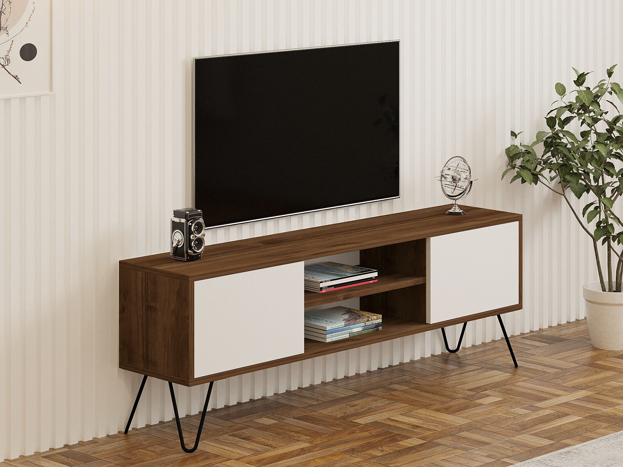 Comoda tv, Hanah Home, pal melaminat, nuc si alb, 140x50x30 cm — imaginea 4
