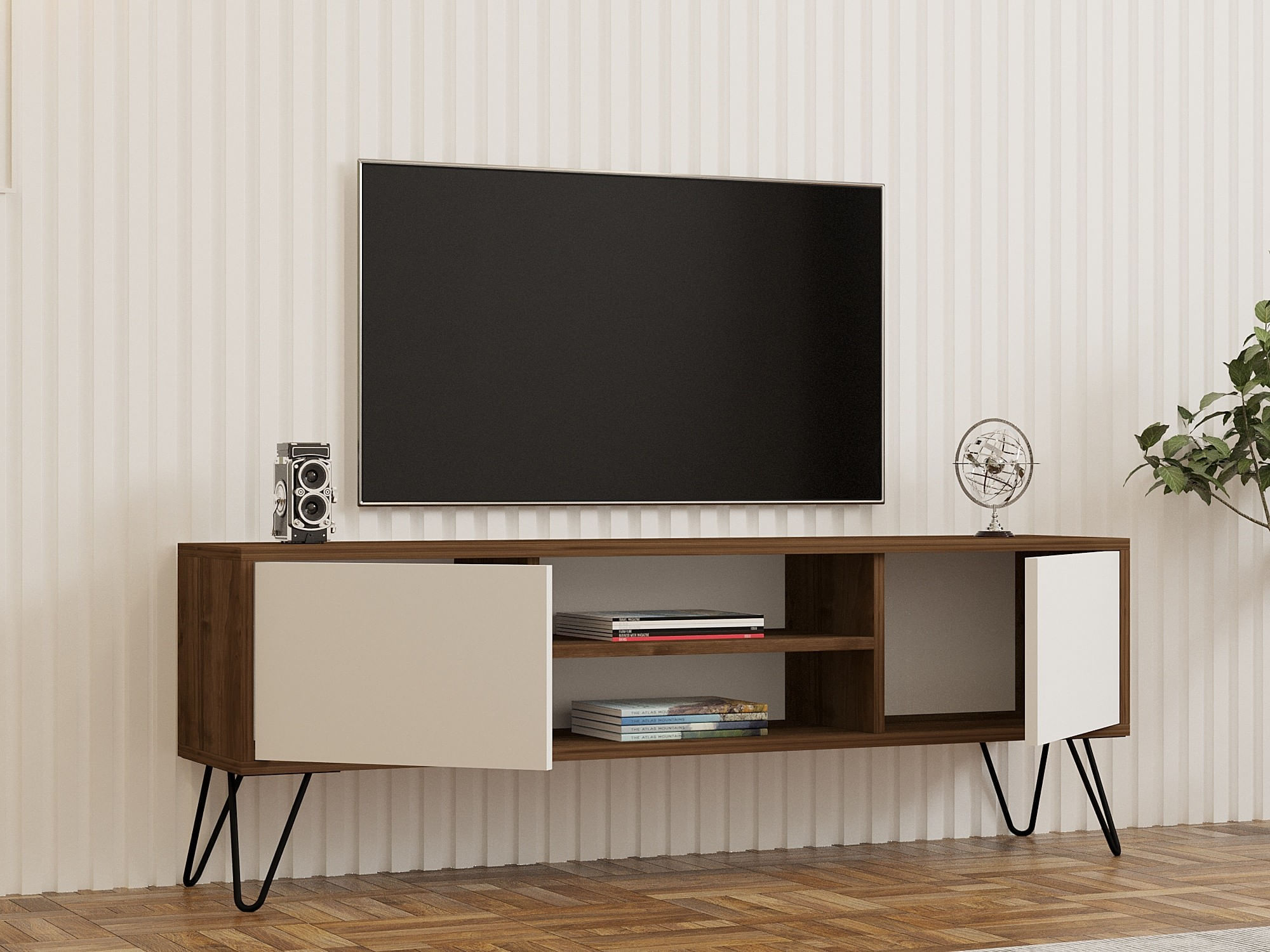 Comoda tv, Hanah Home, pal melaminat, nuc si alb, 140x50x30 cm — imaginea 5