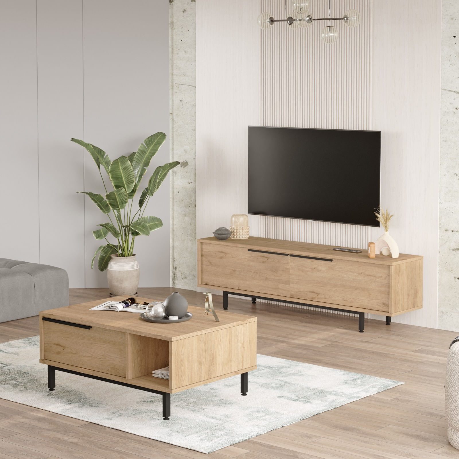 Set mobilier living, Hanah Home, pal melaminat, stejar, picioare metalice, 956LCS2532
