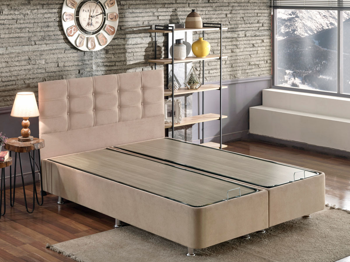 Somiera dubla cu tablie, Hanah Home, otel, stofa soho, maro deschis, 180x200 cm — imaginea 2