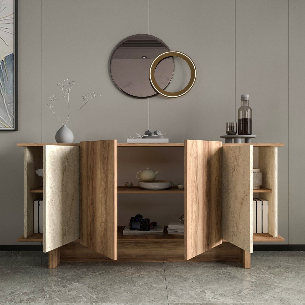 Consola, Hanah Home, pal melaminat, travertin si nuc, 180x40x81 cm — imaginea 3
