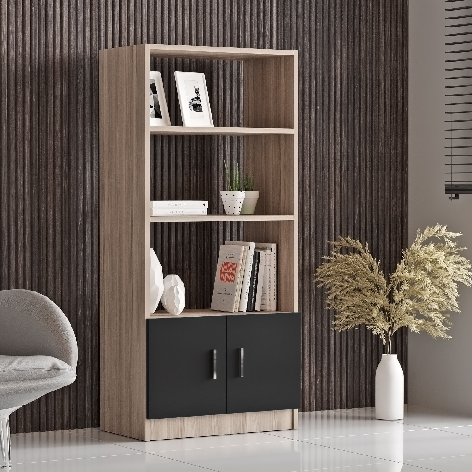 Set mobilier birou, Hanah Home, pal melaminat, stejar si negru, 4 piese — imaginea 3
