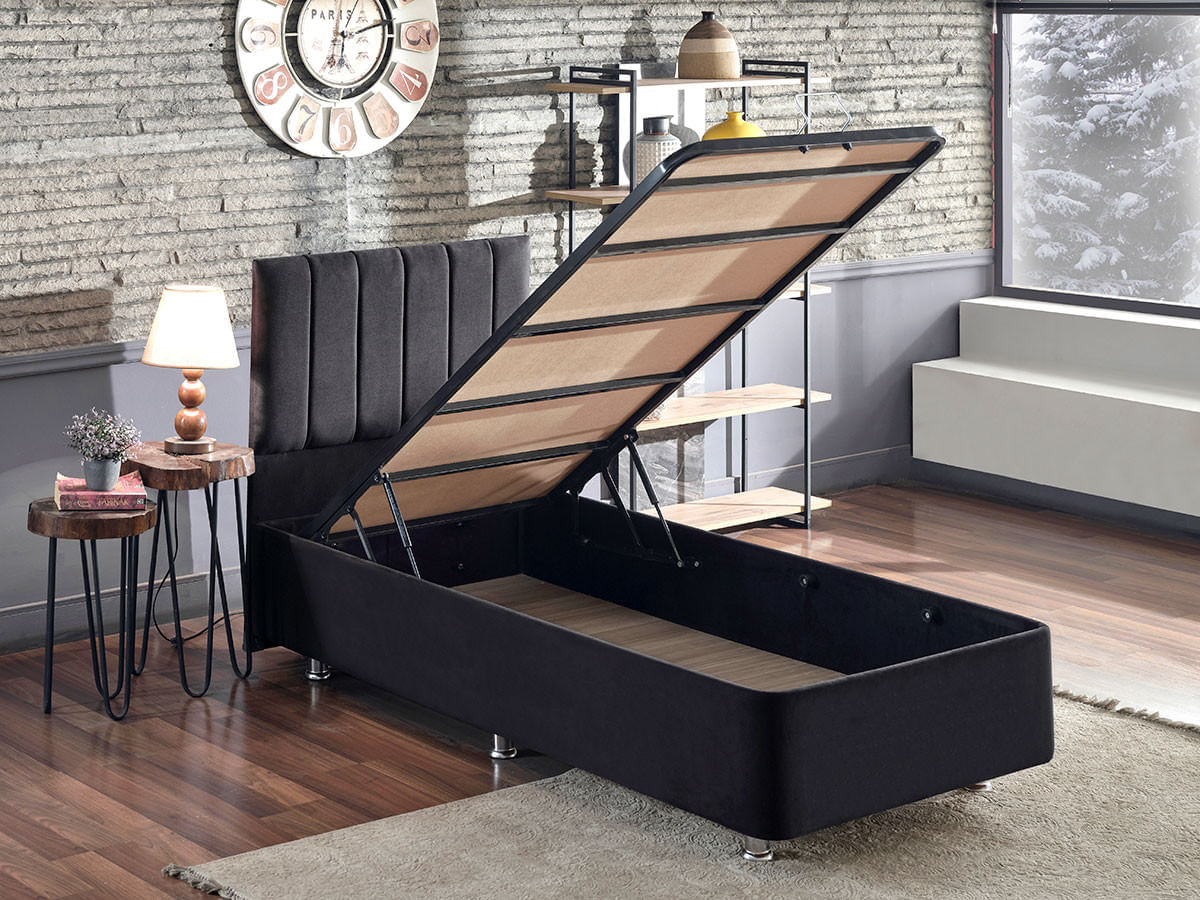 Somiera cu tablie, Hanah Home, otel, stofa soho, negru, 120x200 cm — imaginea 2