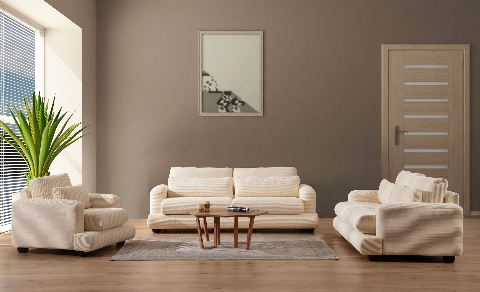 Canapea 3 locuri, Hanah Home, lemn fag si pal, bej, 230x105x90 cm — imaginea 2