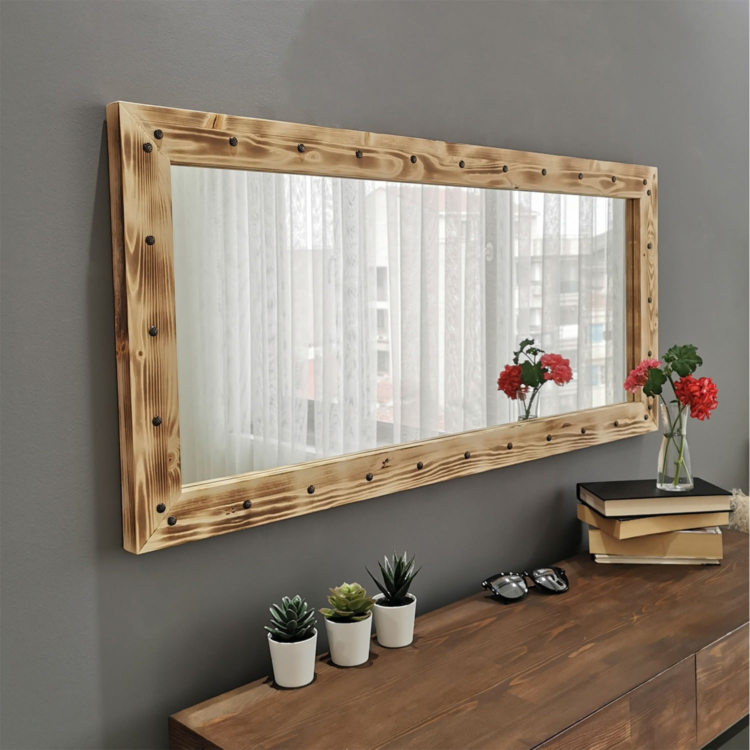Oglinda, Hanah Home, lemn masiv de pin, nuc, 110x50 cm