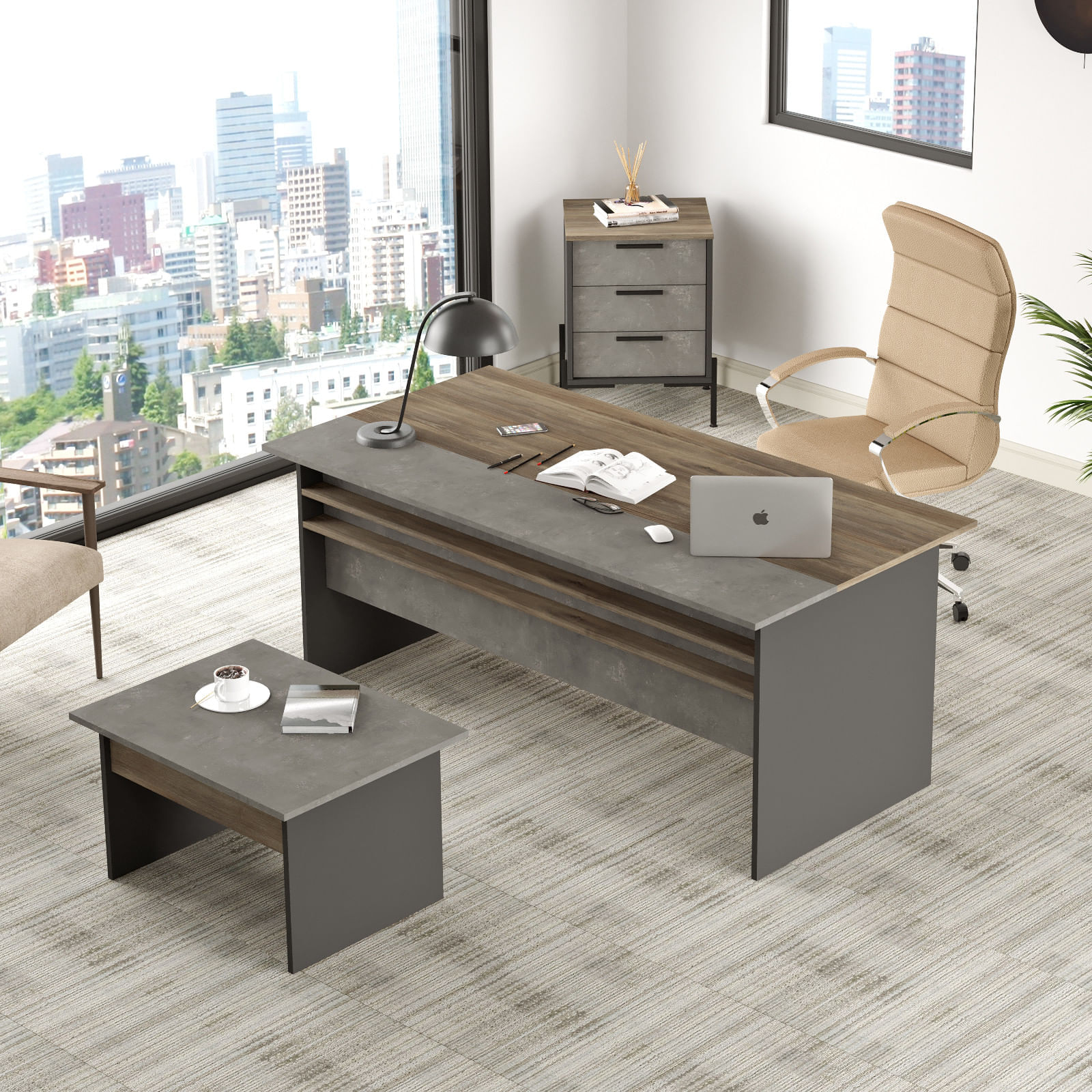 Set mobilier birou, Hanah Home, panou aglomerat melaminat, maro gri antracit, birou 180x75x89.5 cm, masa 80x46.3x60 cm, sertar 54x70x44.5 cm — imaginea 2