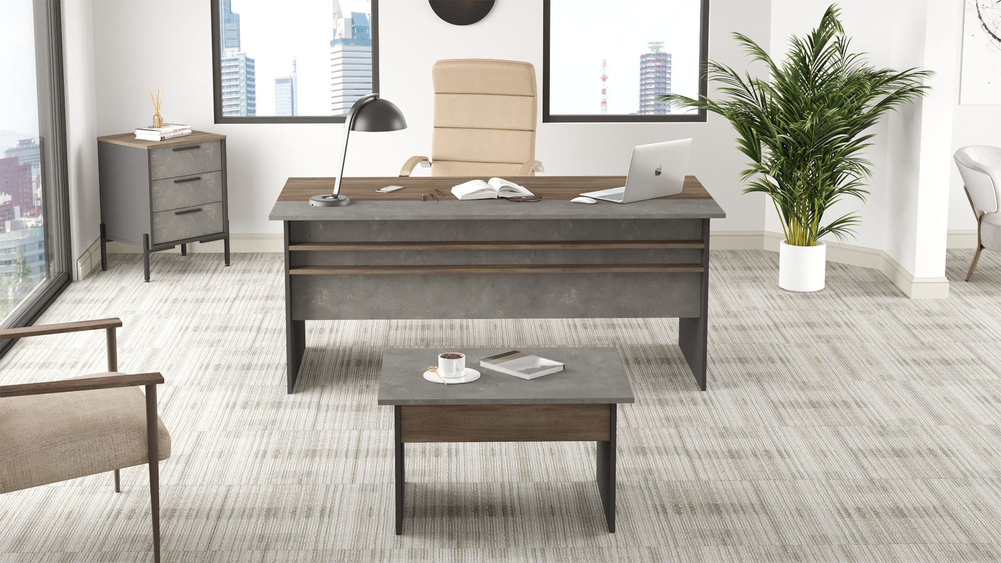 Set mobilier birou, Hanah Home, panou aglomerat melaminat, maro gri antracit, birou 180x75x89.5 cm, masa 80x46.3x60 cm, sertar 54x70x44.5 cm — imaginea 4
