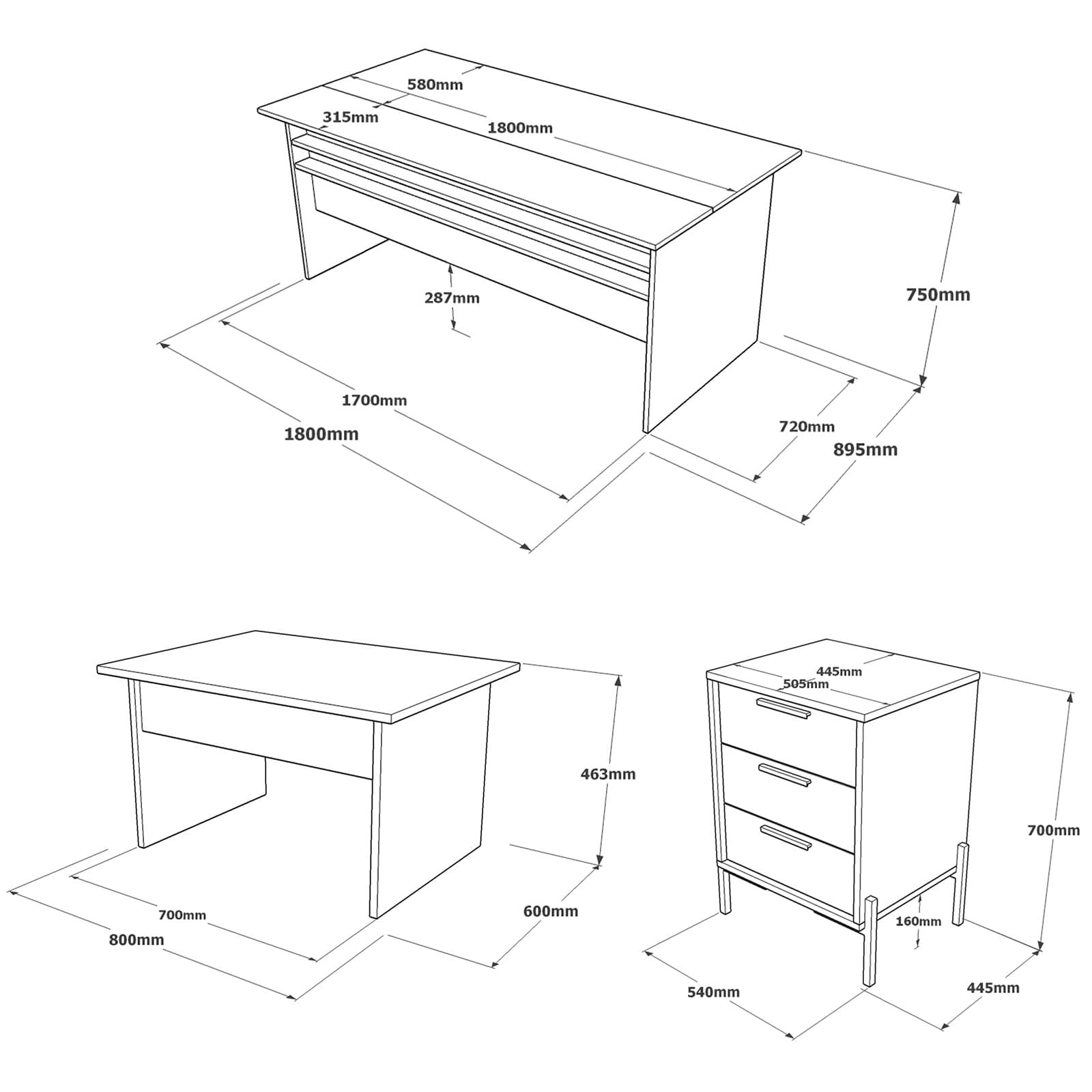 Set mobilier birou, Hanah Home, panou aglomerat melaminat, maro gri antracit, birou 180x75x89.5 cm, masa 80x46.3x60 cm, sertar 54x70x44.5 cm — imaginea 5