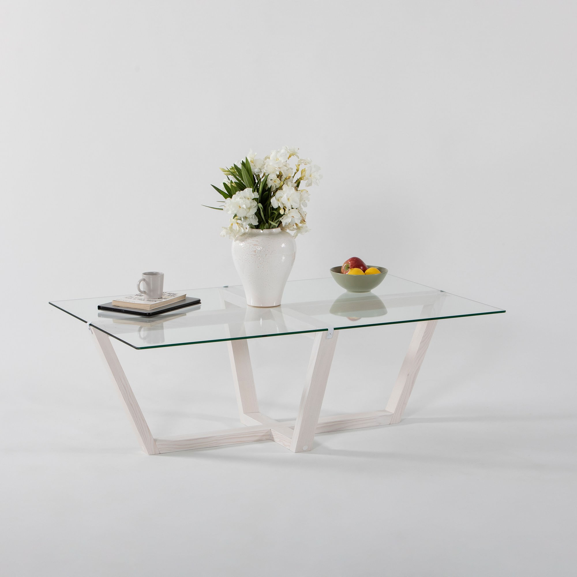Masa de cafea, Hanah Home, sticla temperata si lemn masiv de pin, alb, 105x65x35 cm — imaginea 5