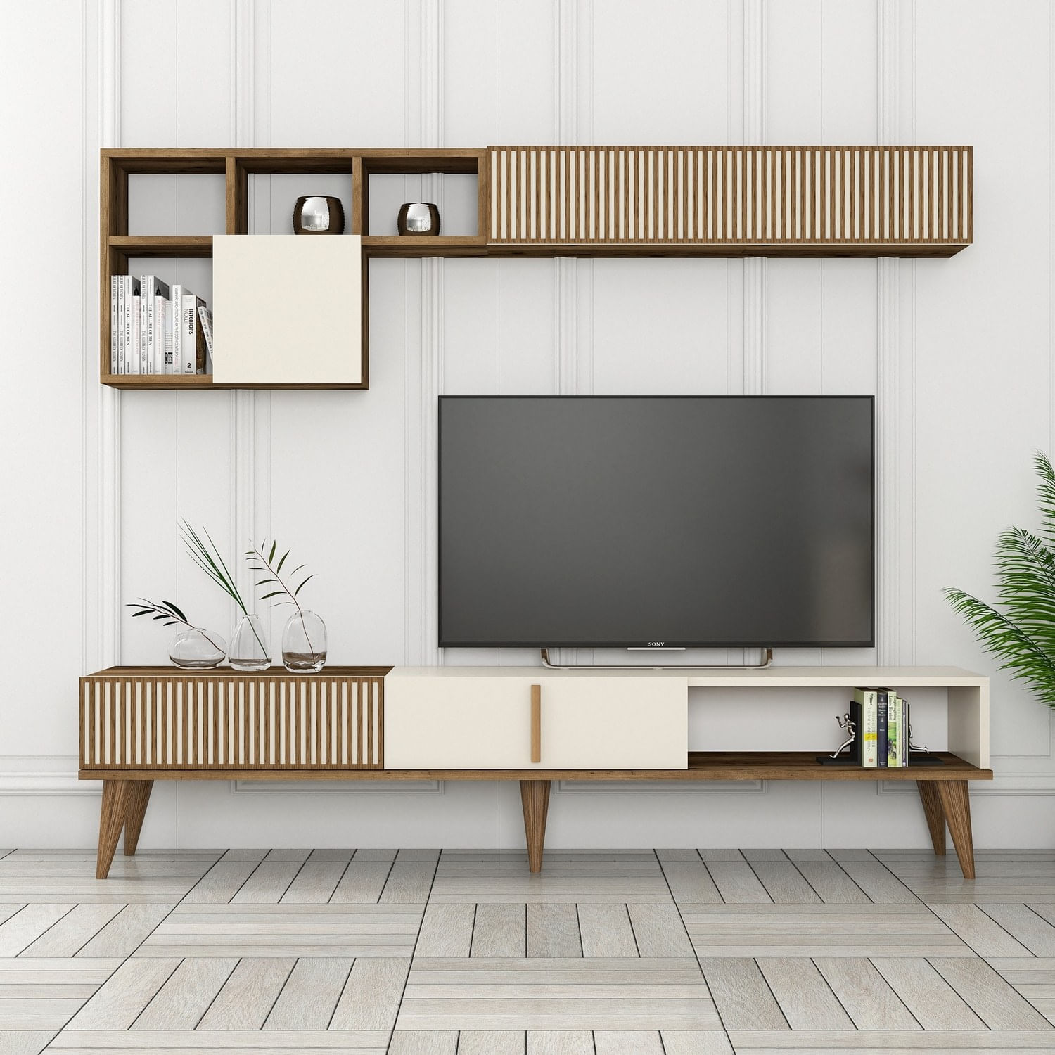 Comoda tv, Hanah Home, pal melaminat, nuc si crem, 180x40x35 cm