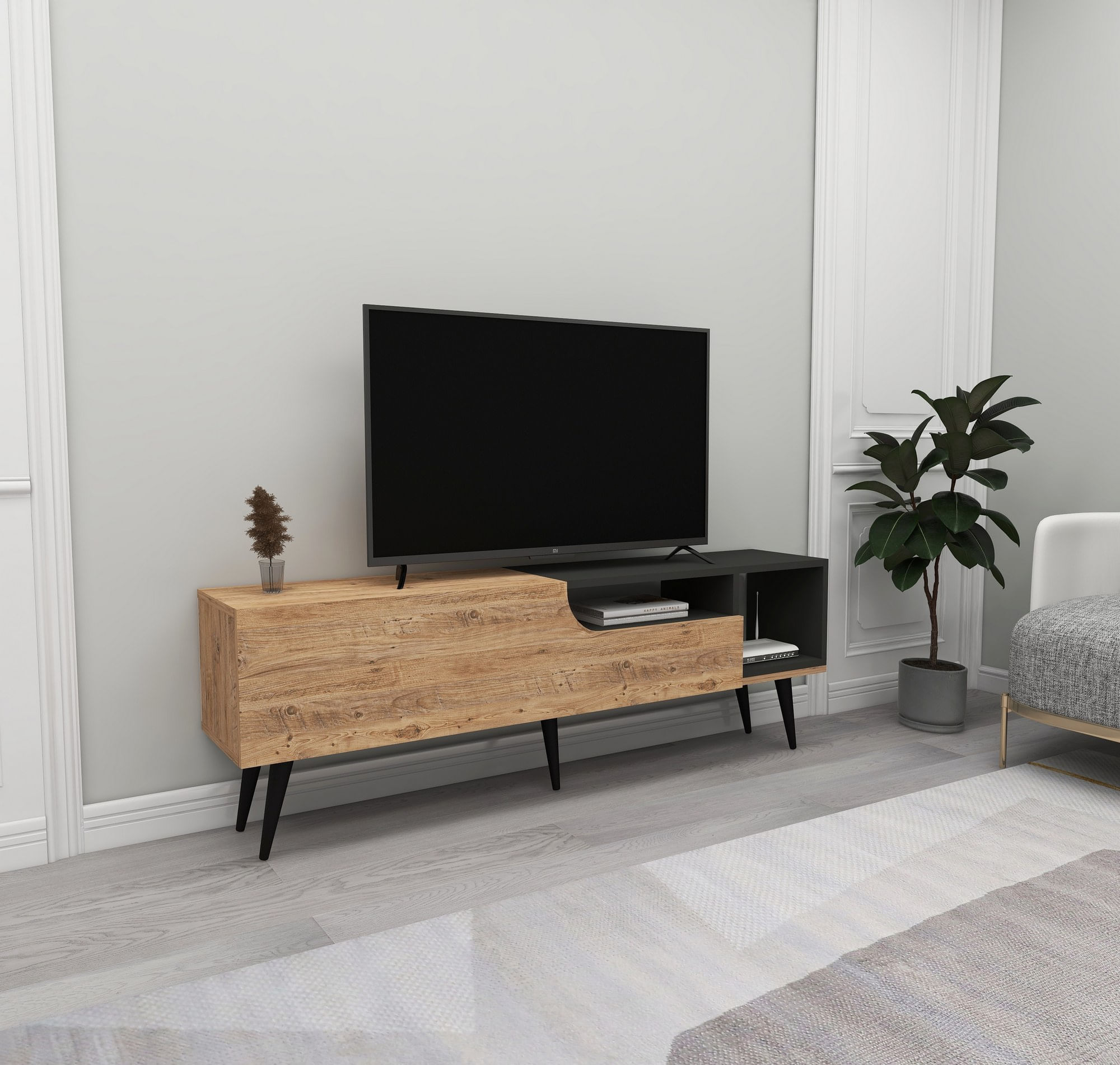 Comoda tv, Hanah Home, pal melaminat, pin atlantic si antracit, 150x29.6x49.6 cm — imaginea 2