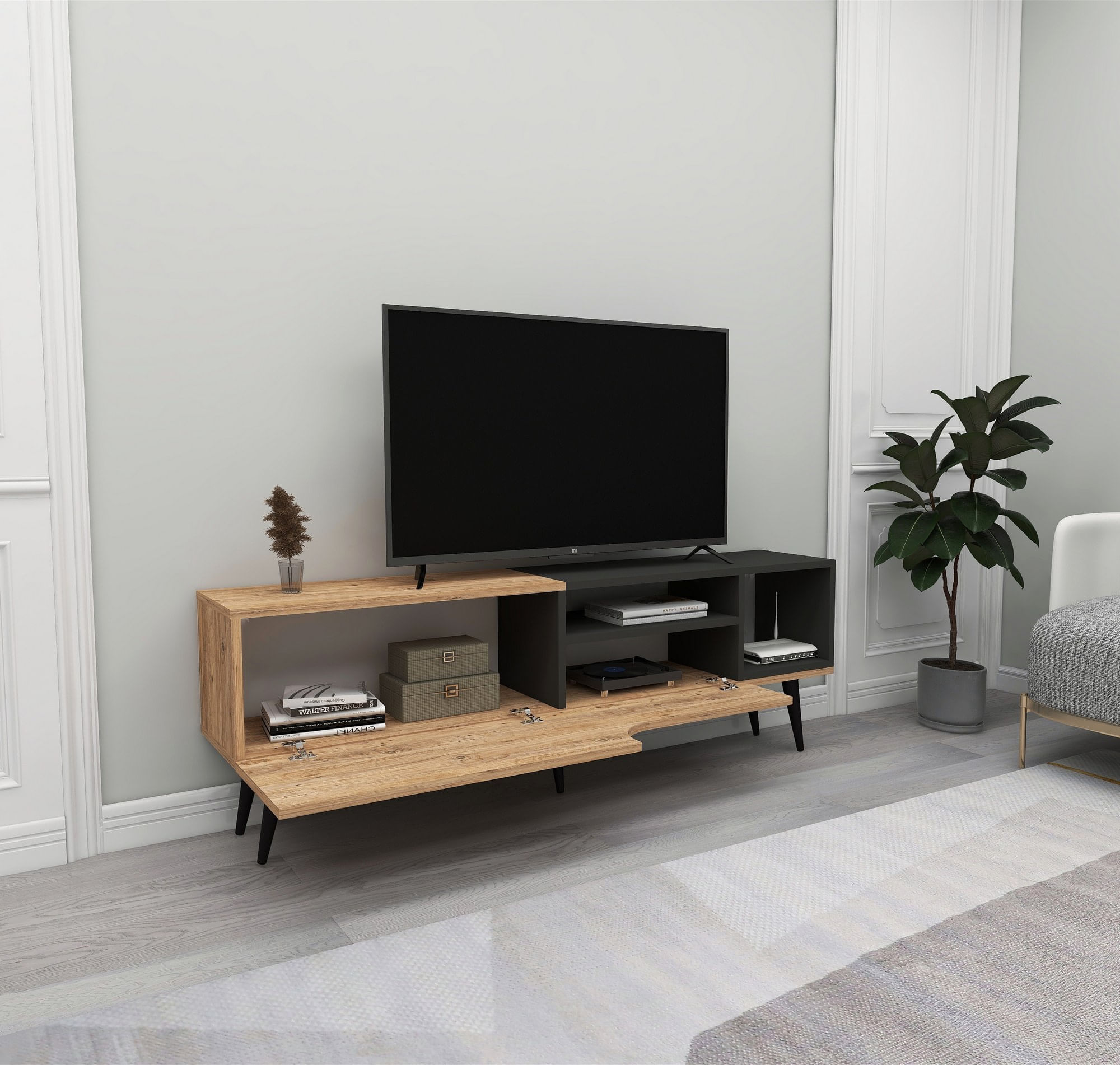 Comoda tv, Hanah Home, pal melaminat, pin atlantic si antracit, 150x29.6x49.6 cm — imaginea 3