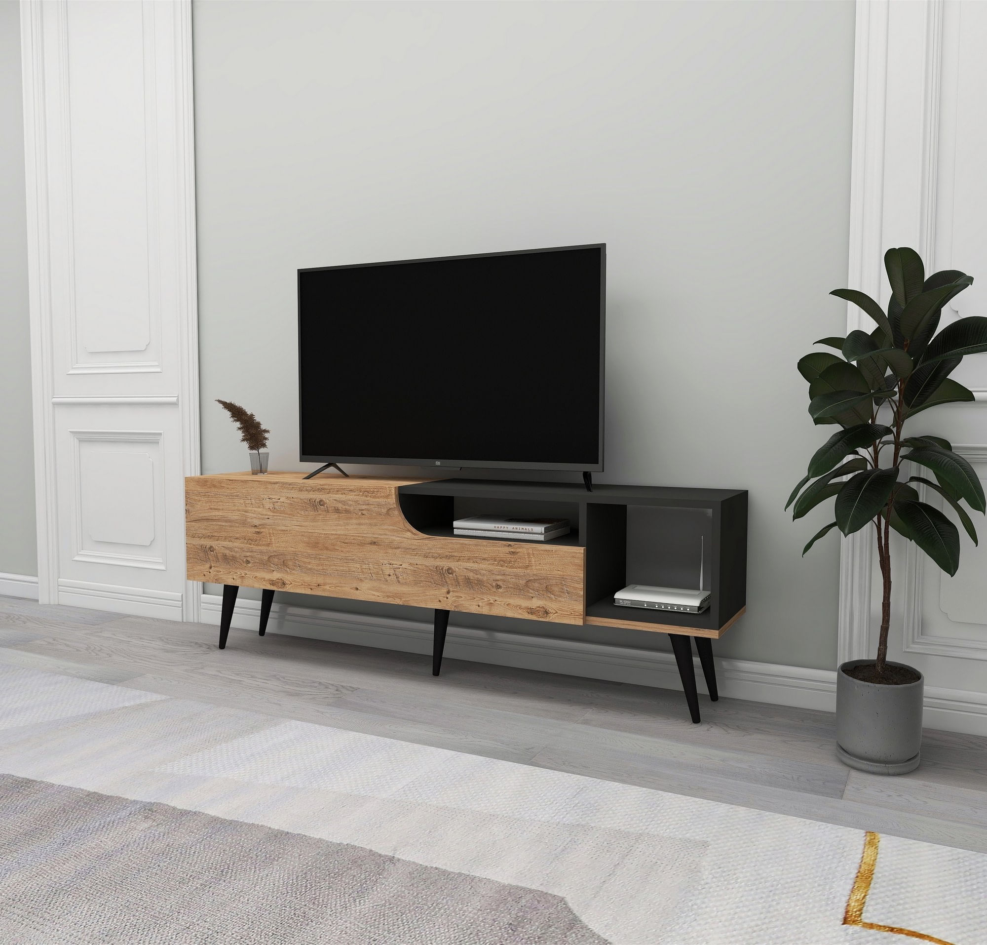 Comoda tv, Hanah Home, pal melaminat, pin atlantic si antracit, 150x29.6x49.6 cm — imaginea 4