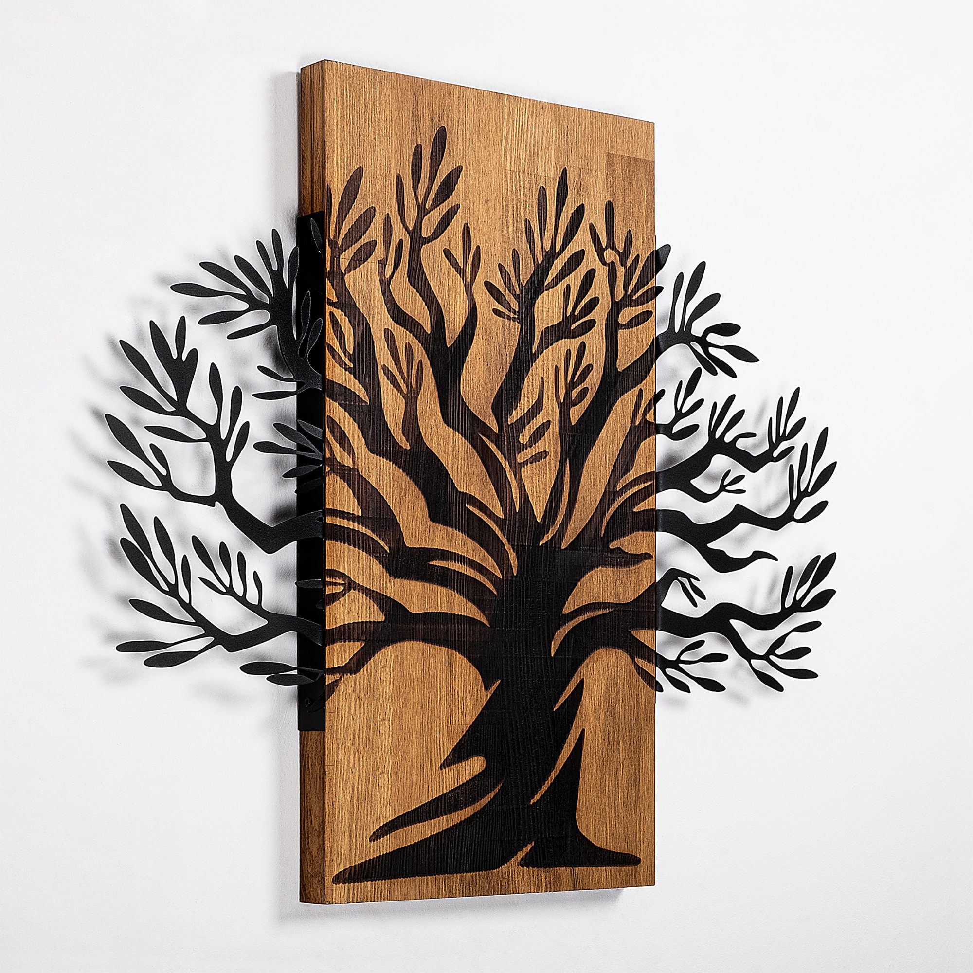 Accesoriu decorativ de perete, Wallxpert, lemn si metal, nuc si negru, 67x58x3 cm
