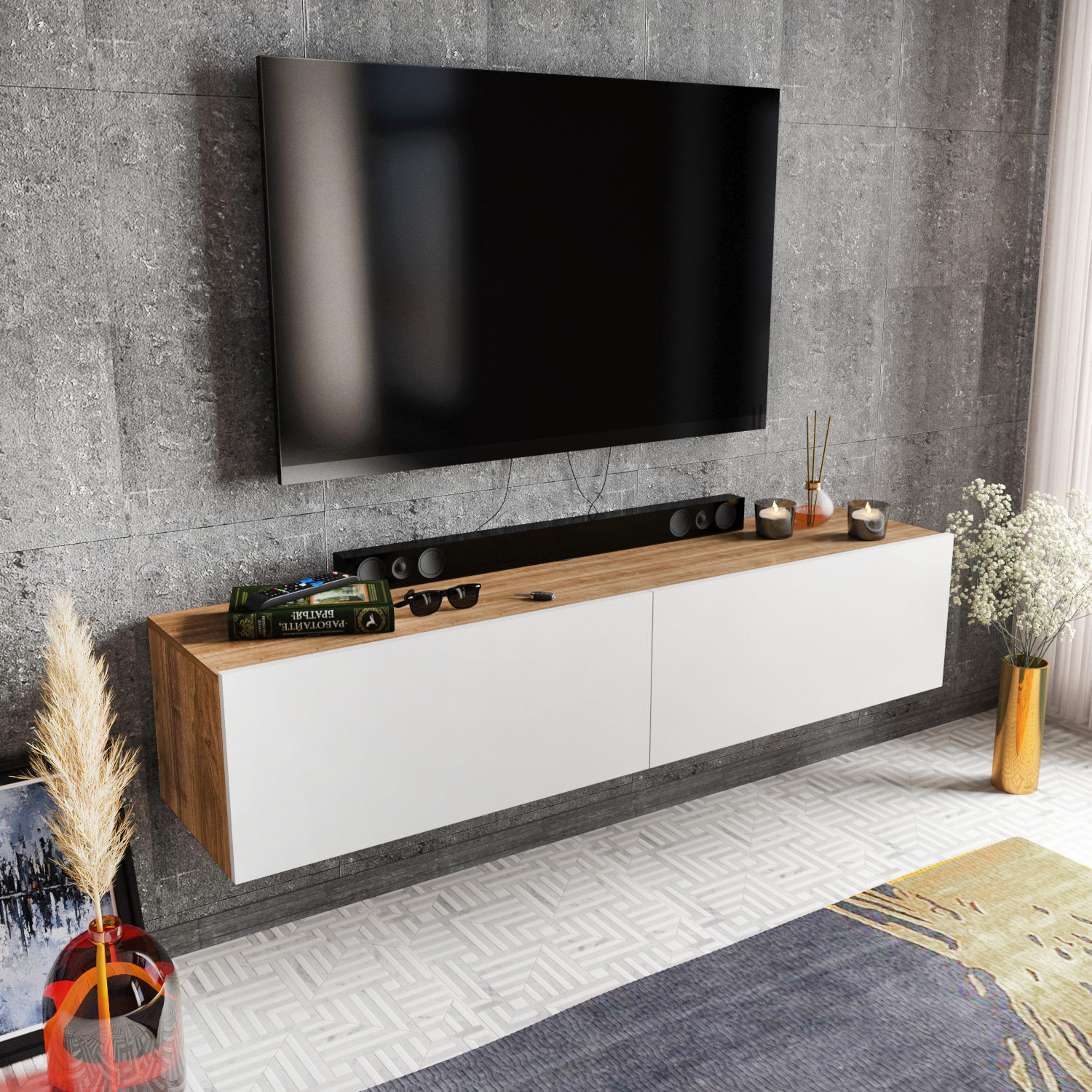 Comoda tv, Hanah Home, pal melaminat, alb si nuc, 159.7x36.8x34.1 cm — imaginea 3