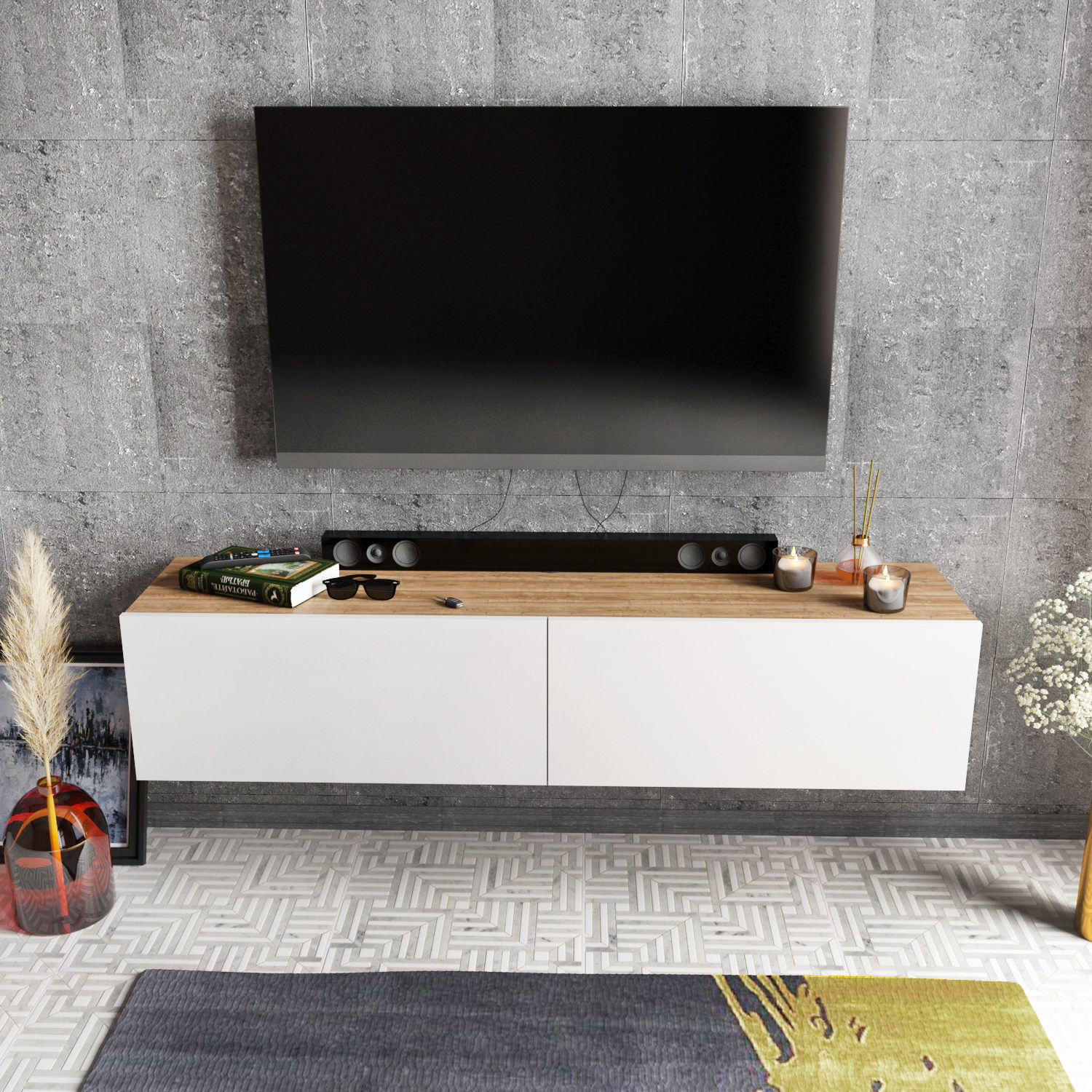 Comoda tv, Hanah Home, pal melaminat, alb si nuc, 159.7x36.8x34.1 cm — imaginea 5