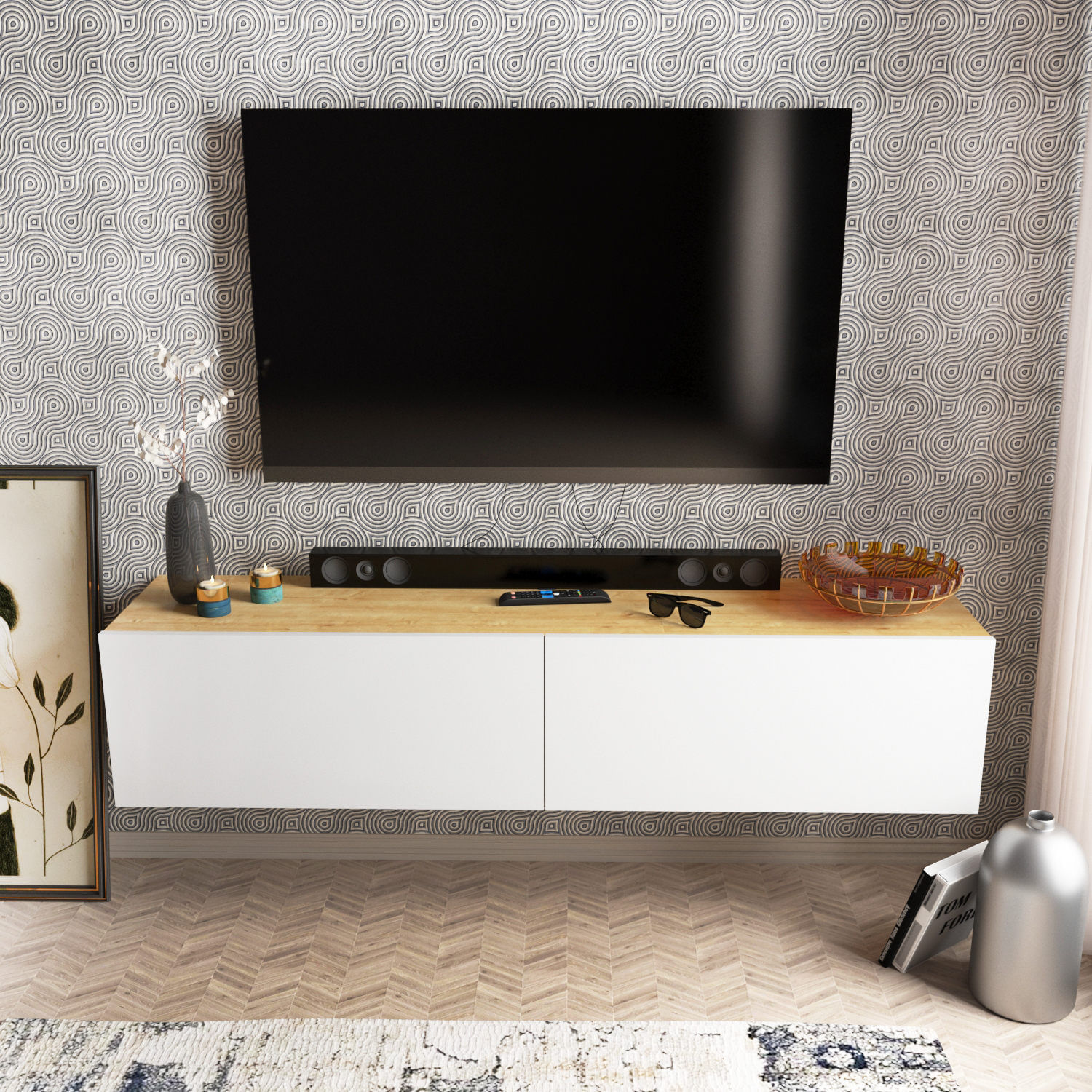 Comoda tv, Hanah Home, pal melaminat, alb si nuc, 159.7x36.8x34.1 cm — imaginea 6