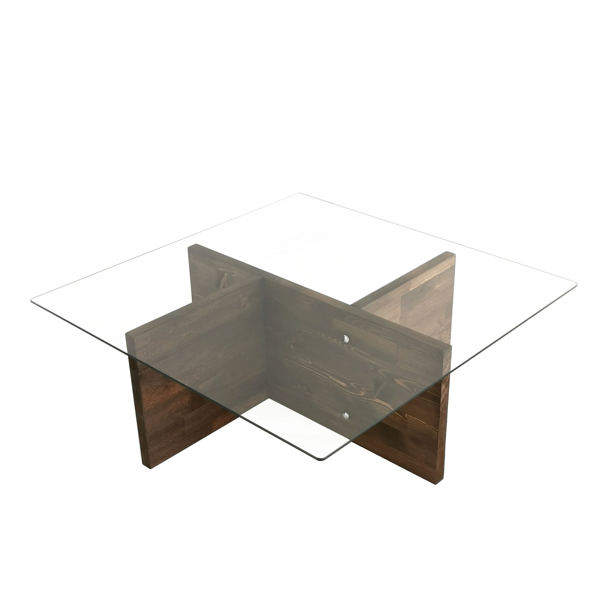 Masuta de cafea, Hanah Home, sticla calita si lemn masiv de pin, nuc, 90x90x35 cm
