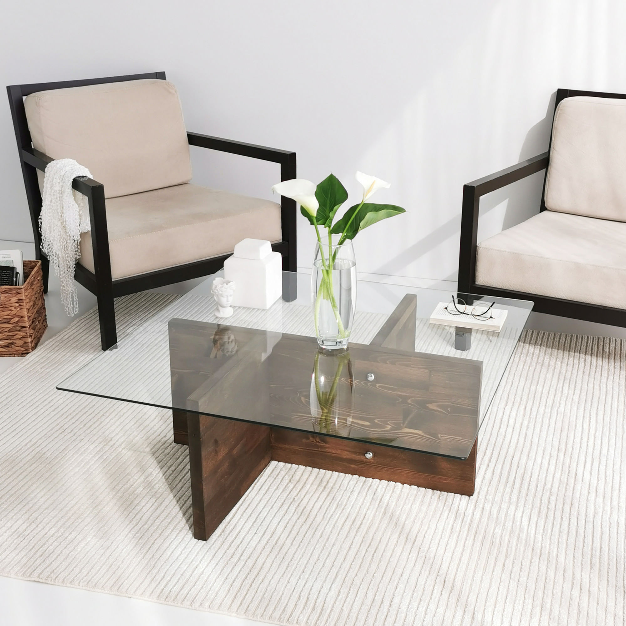 Masuta de cafea, Hanah Home, sticla calita si lemn masiv de pin, nuc, 90x90x35 cm — imaginea 4