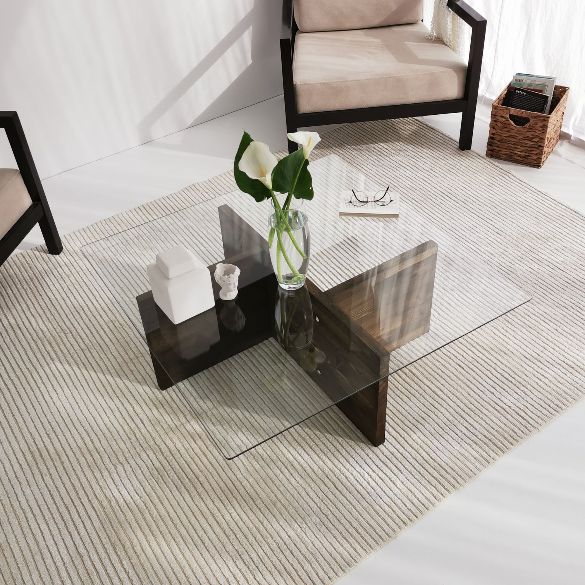 Masuta de cafea, Hanah Home, sticla calita si lemn masiv de pin, nuc, 90x90x35 cm — imaginea 5