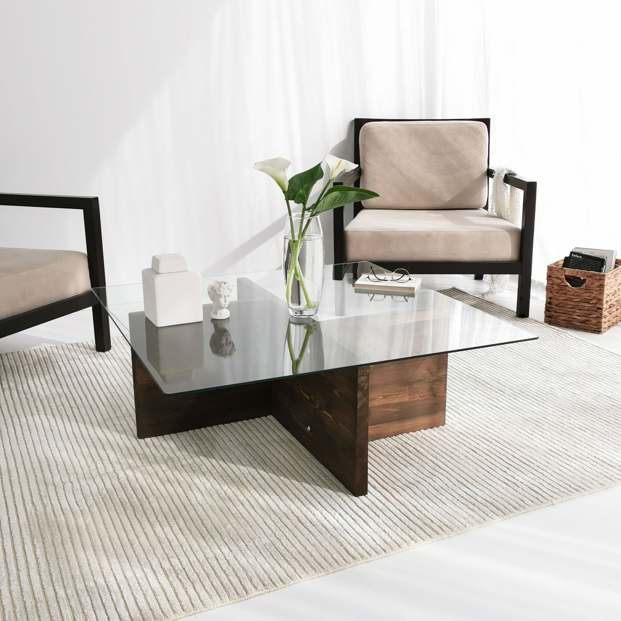 Masuta de cafea, Hanah Home, sticla calita si lemn masiv de pin, nuc, 90x90x35 cm — imaginea 7